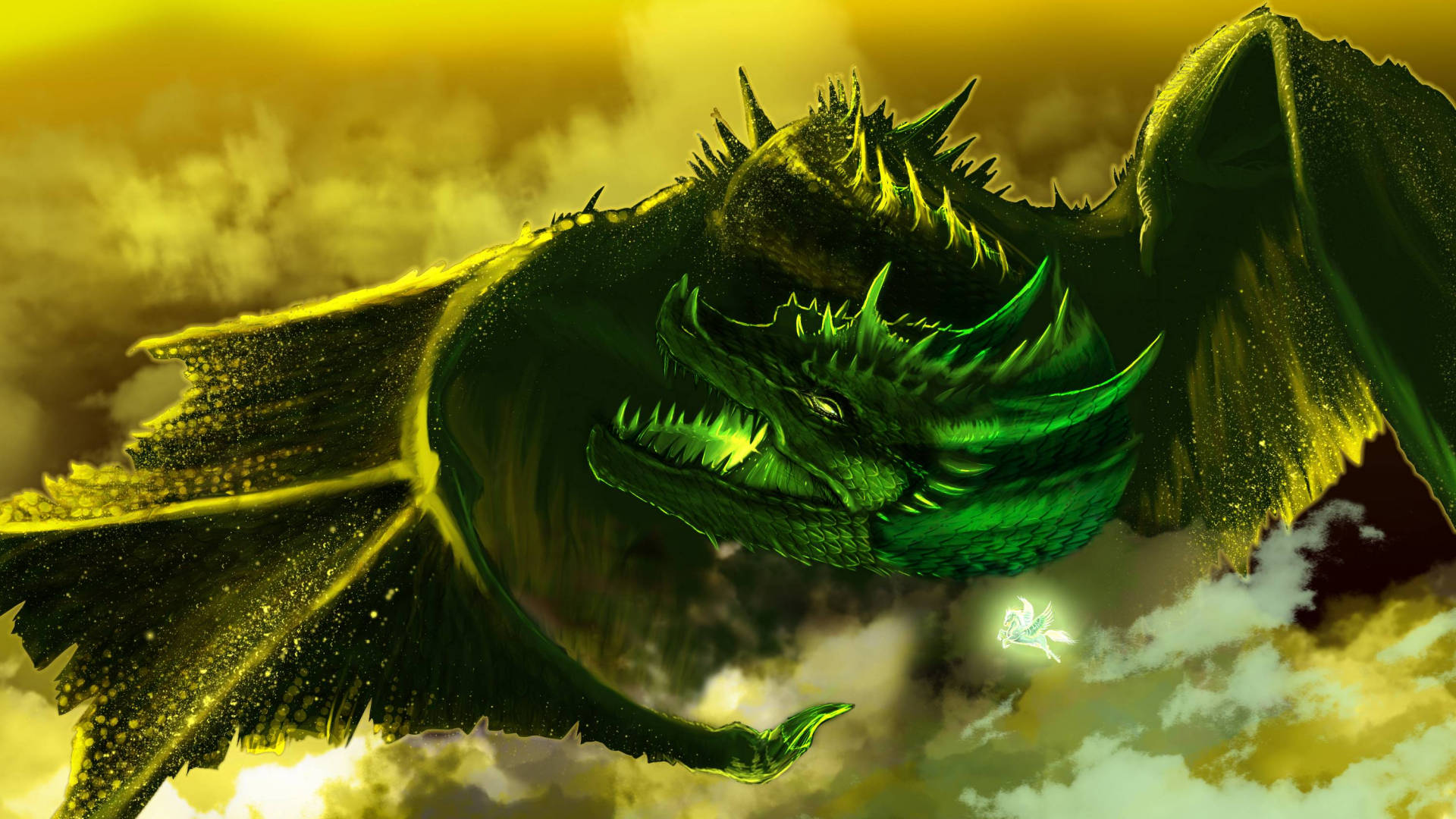 Green Dragon, spiked wings, golden sunset sky, Full HD Desktop Wallpaper