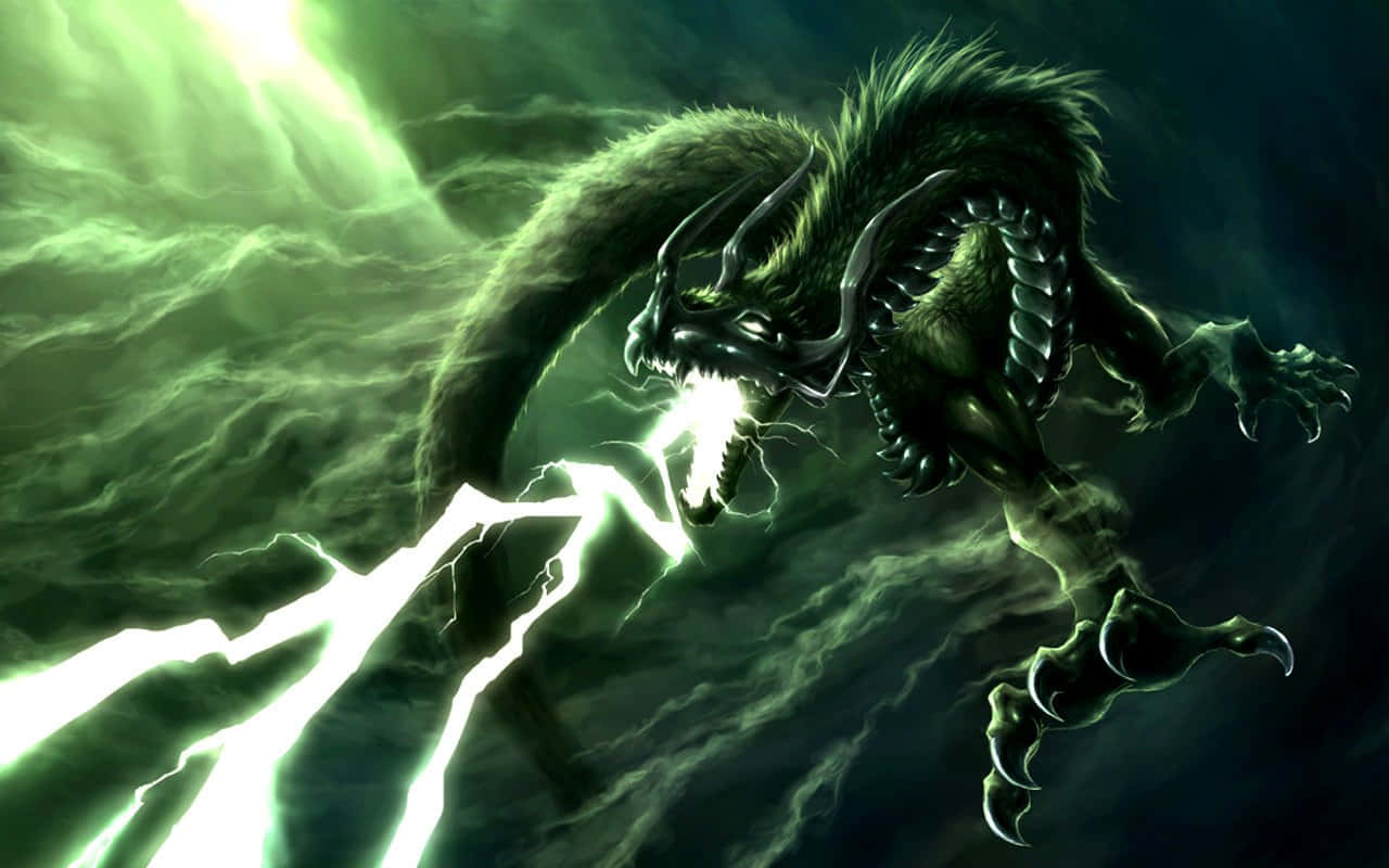 Dark Green Awesome Cool Dragon, monstrous green dragon, glowing eyes, HD Desktop Wallpaper