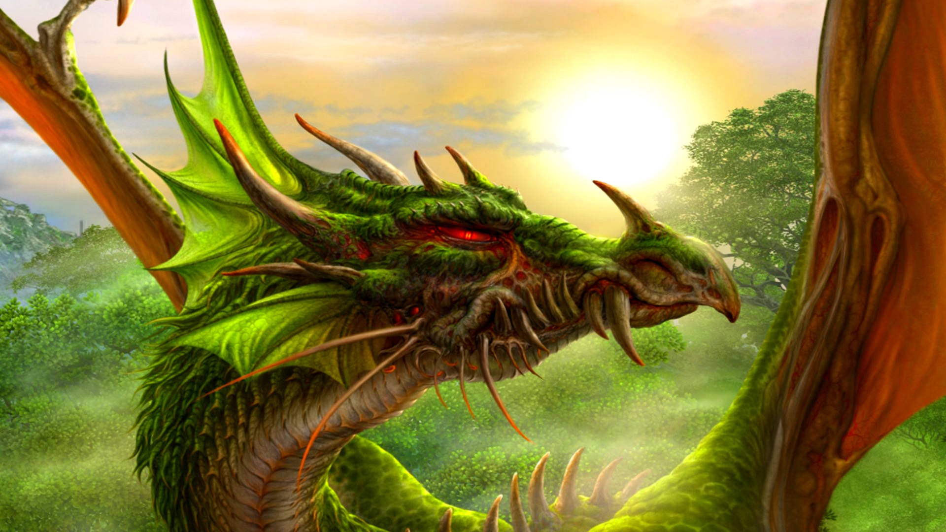 Green Dragon, glowing red eyes, misty forest, Full HD Desktop Wallpaper