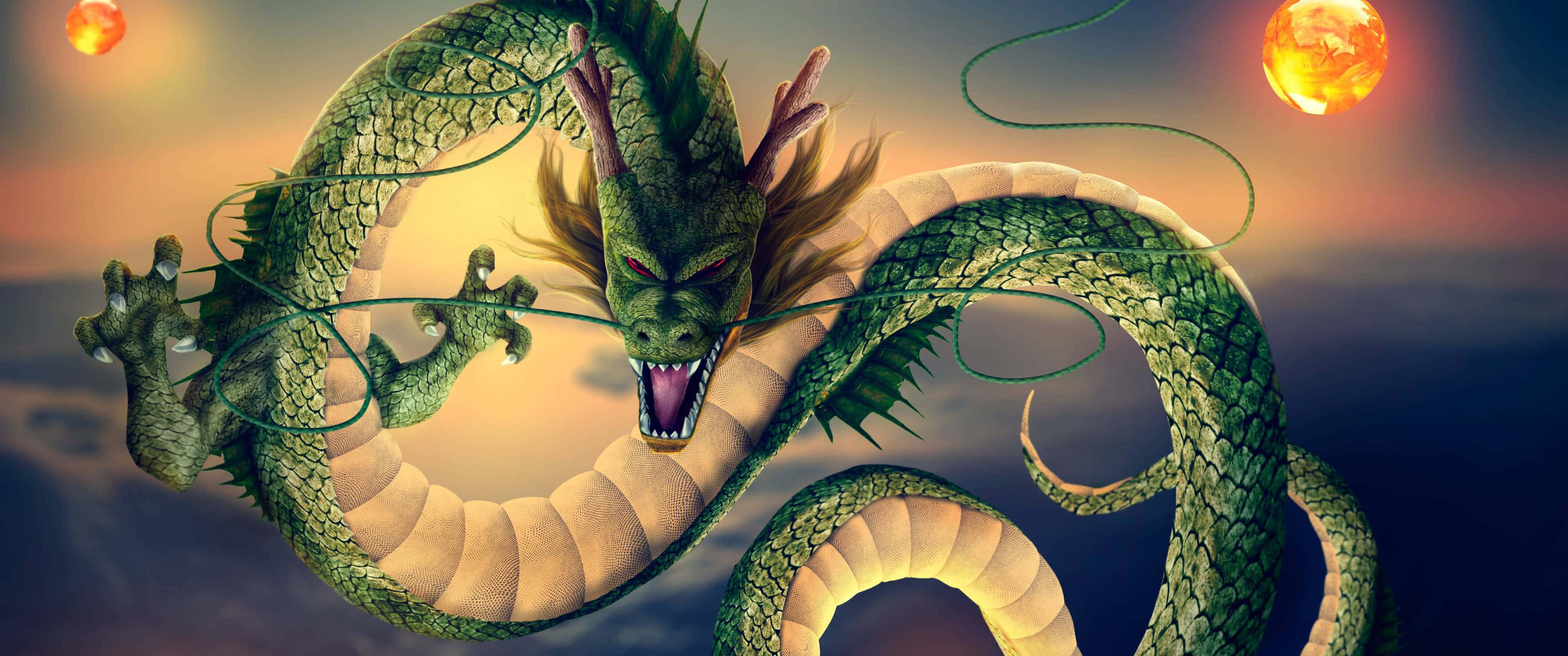 Green Dragon, twilight sky, glowing orbs, 2K Desktop Wallpaper