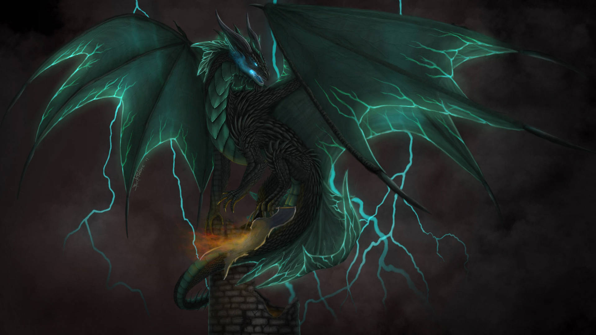 Green Dragon, castle tower, stormy sky, Full HD Desktop Wallpaper