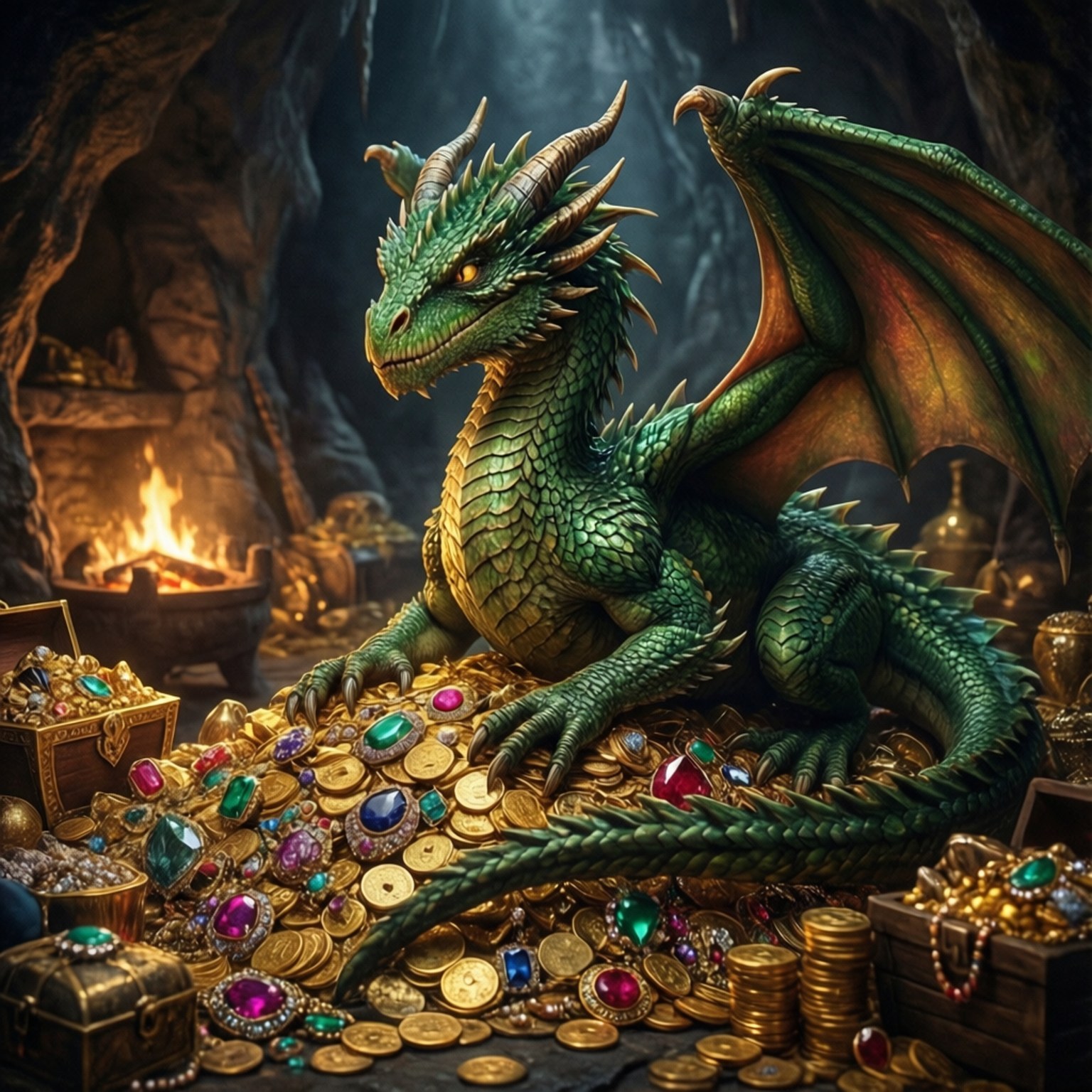 Green Dragon, gold coins, colorful gems, HD Desktop Wallpaper