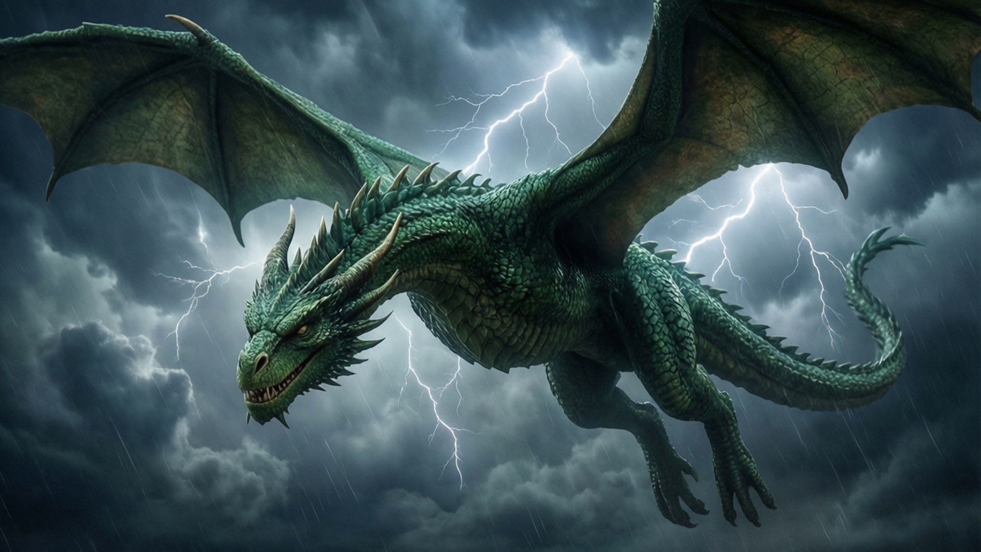 Storm Dragon, green dragon, stormy sky, Full HD Desktop Wallpaper