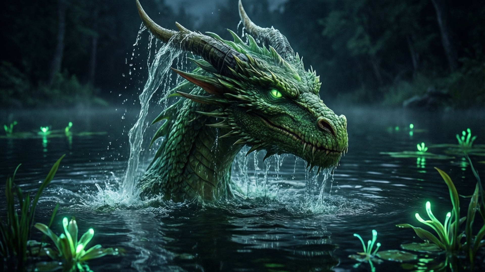 Green Dragon, glowing eyes, dark water, Full HD Desktop Wallpaper
