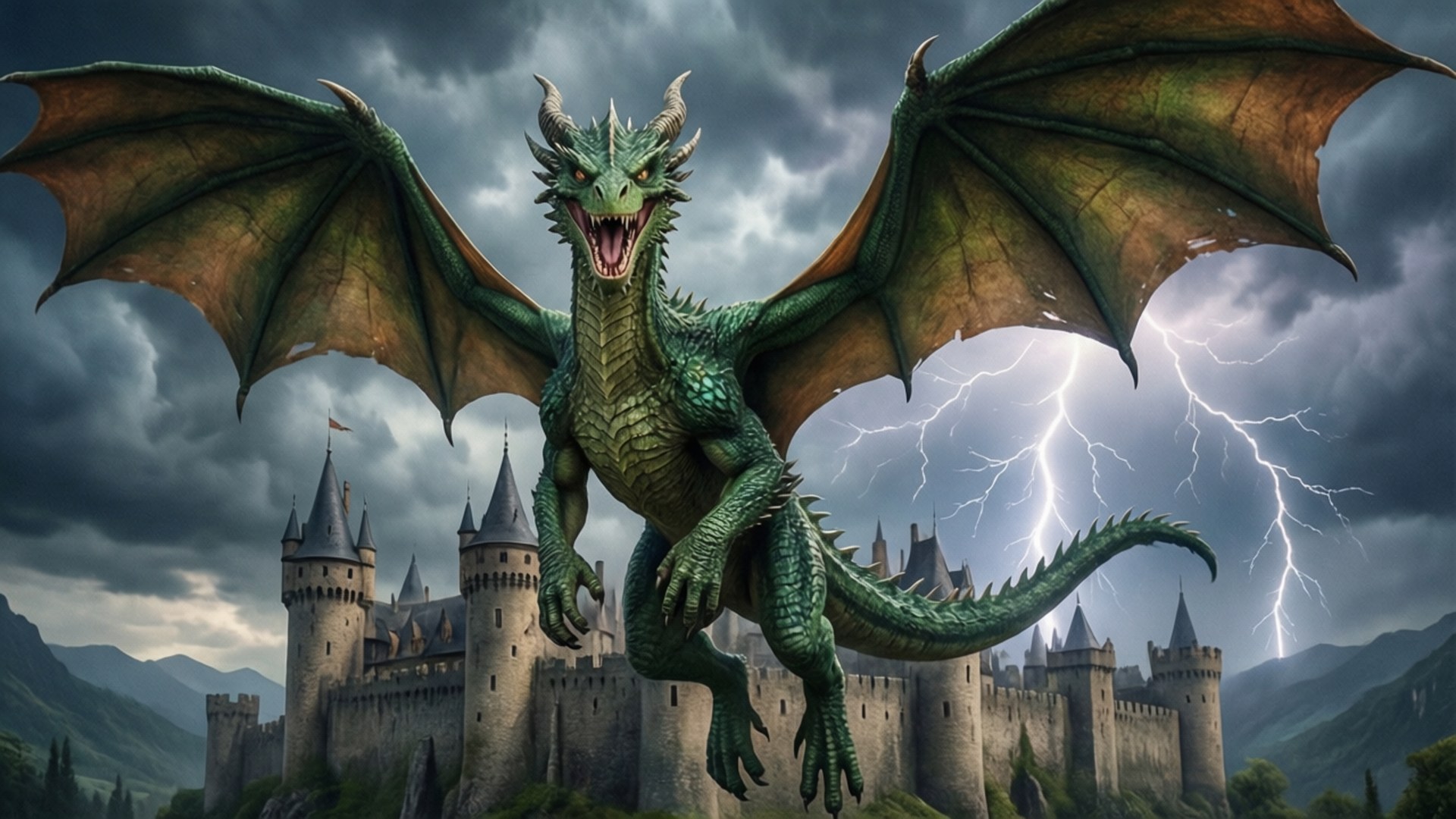 Green Dragon, stone castle, stormy sky, Full HD Desktop Wallpaper