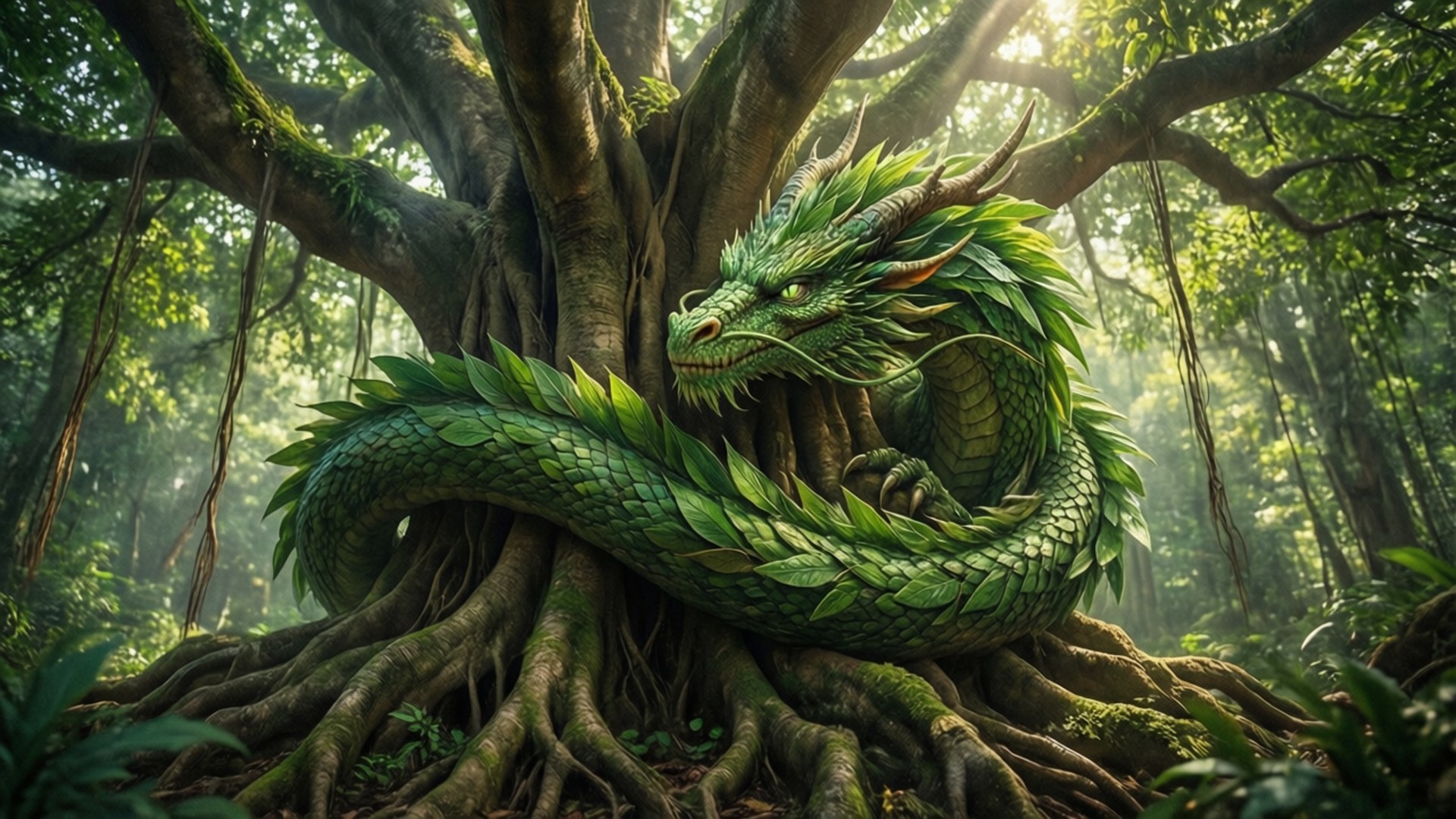Forest Tree Dragon, green dragon, leafy scales, Full HD Desktop Wallpaper