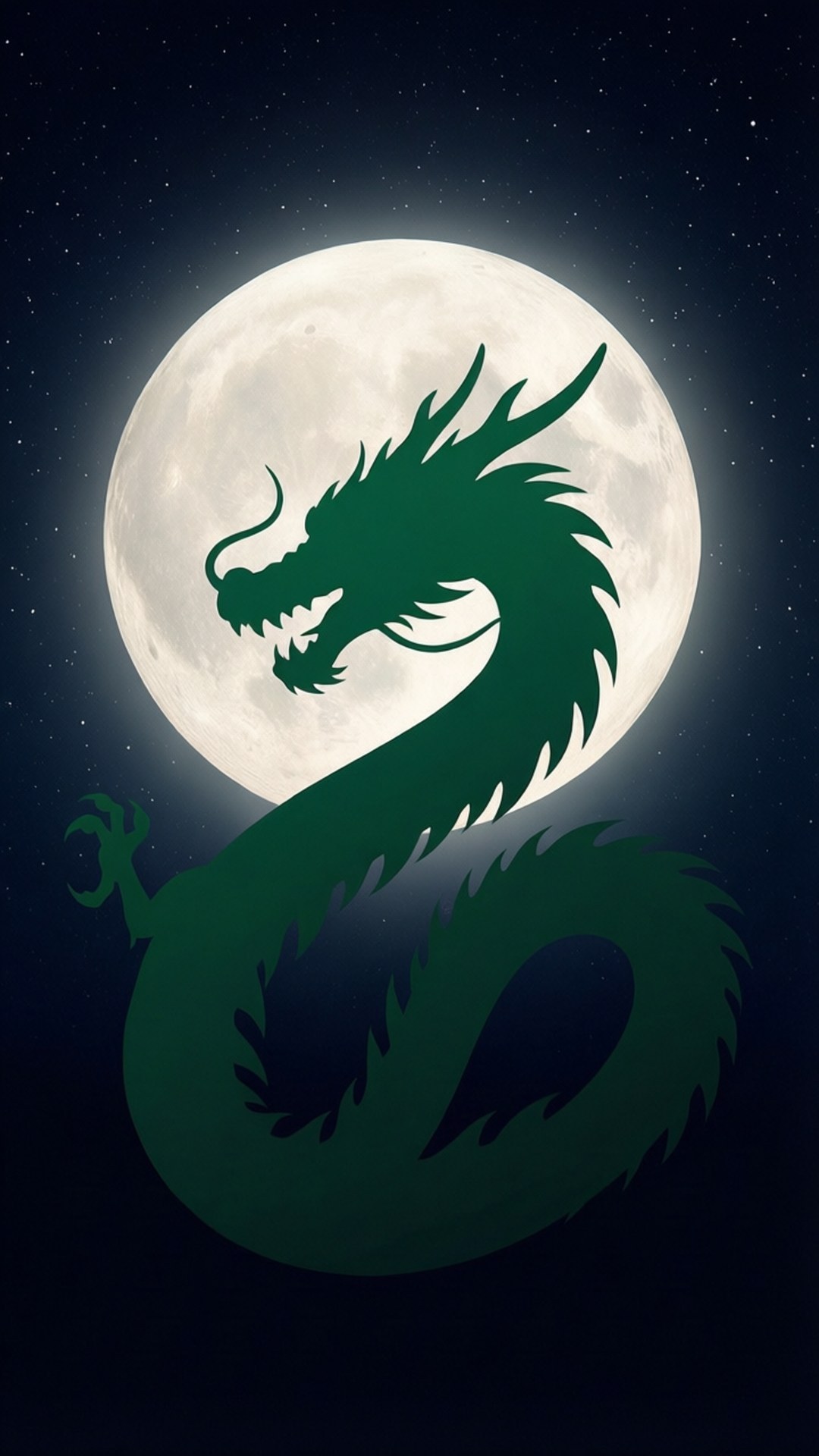 Dragon Moon Silhouette, dark green dragon, luminous full moon, Full HD Phone Wallpaper