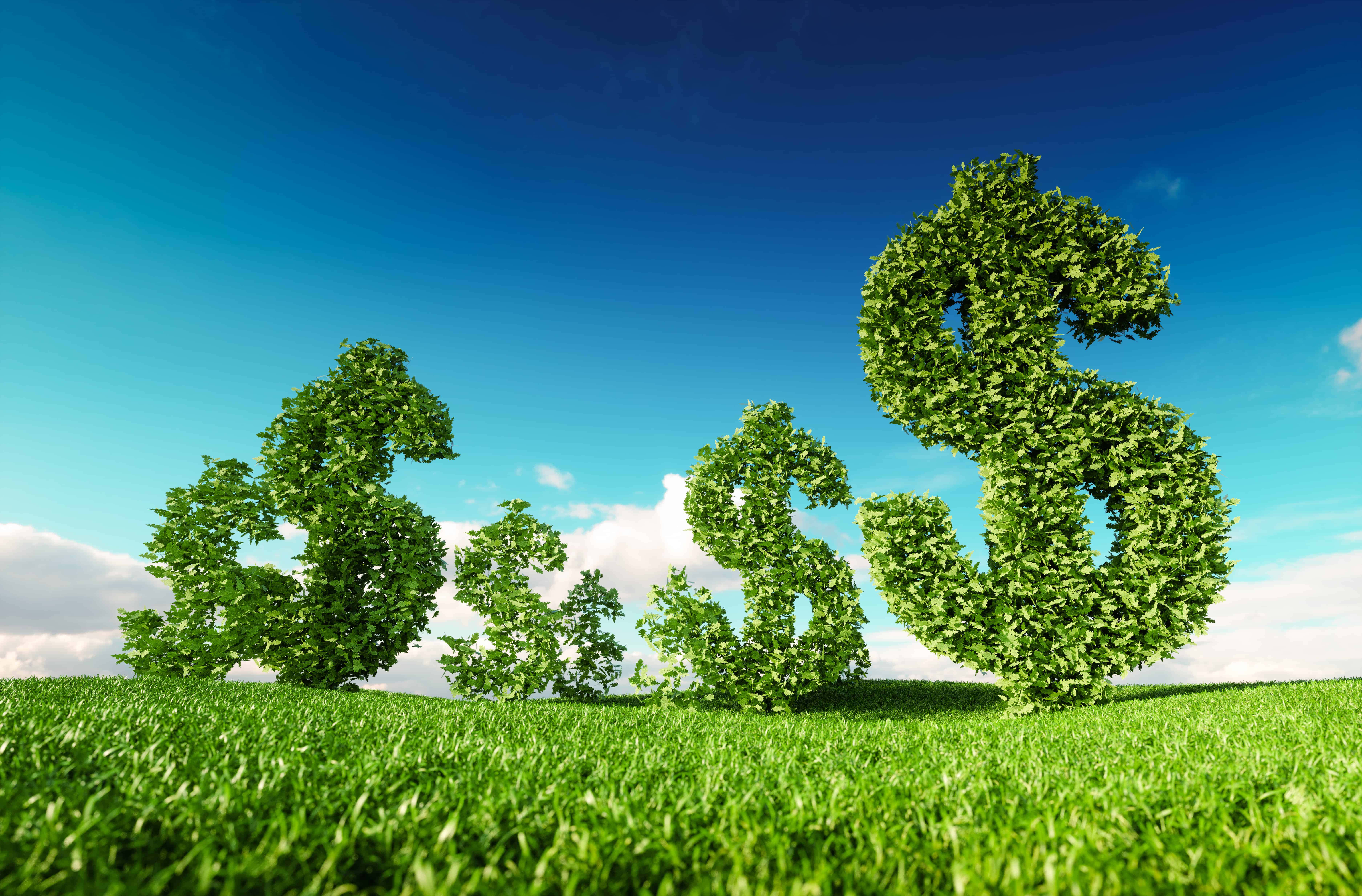 green economy, dollar sign sculptures, vibrant grass, 5K Desktop Wallpaper