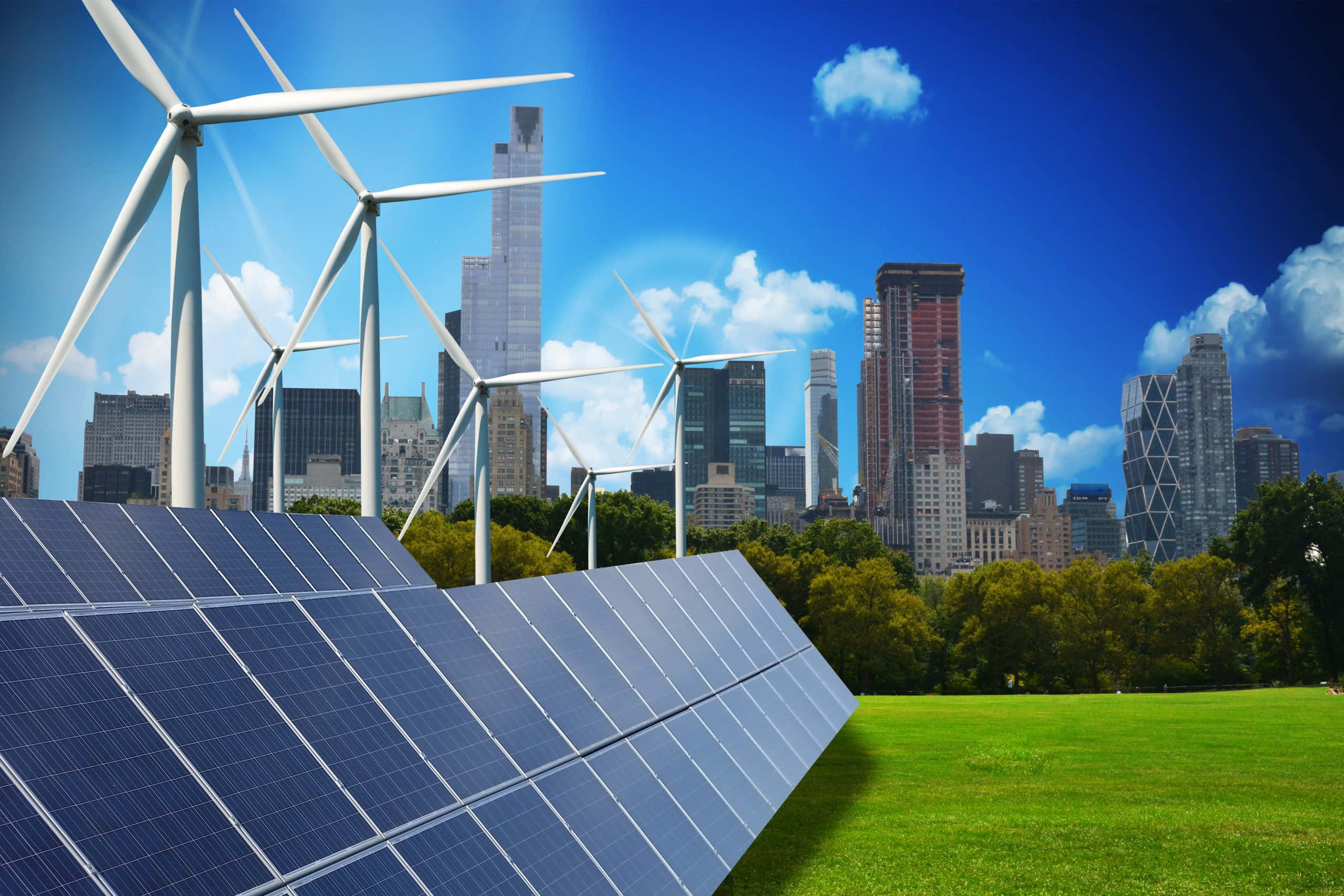solar panels, wind turbines, grassy field, 2K Desktop Wallpaper