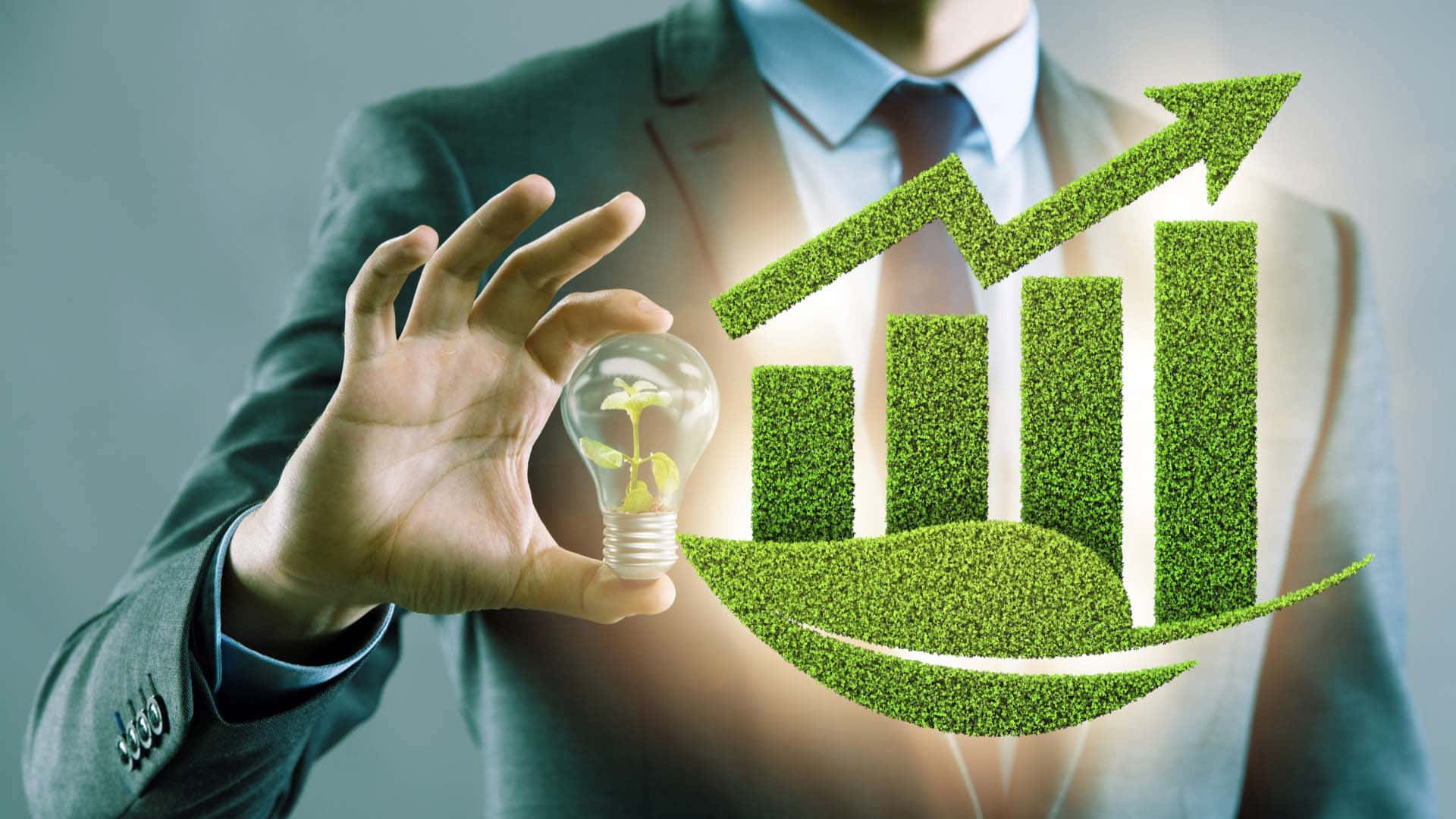 Green Economy, glowing lightbulb, sprout, Full HD Desktop Wallpaper