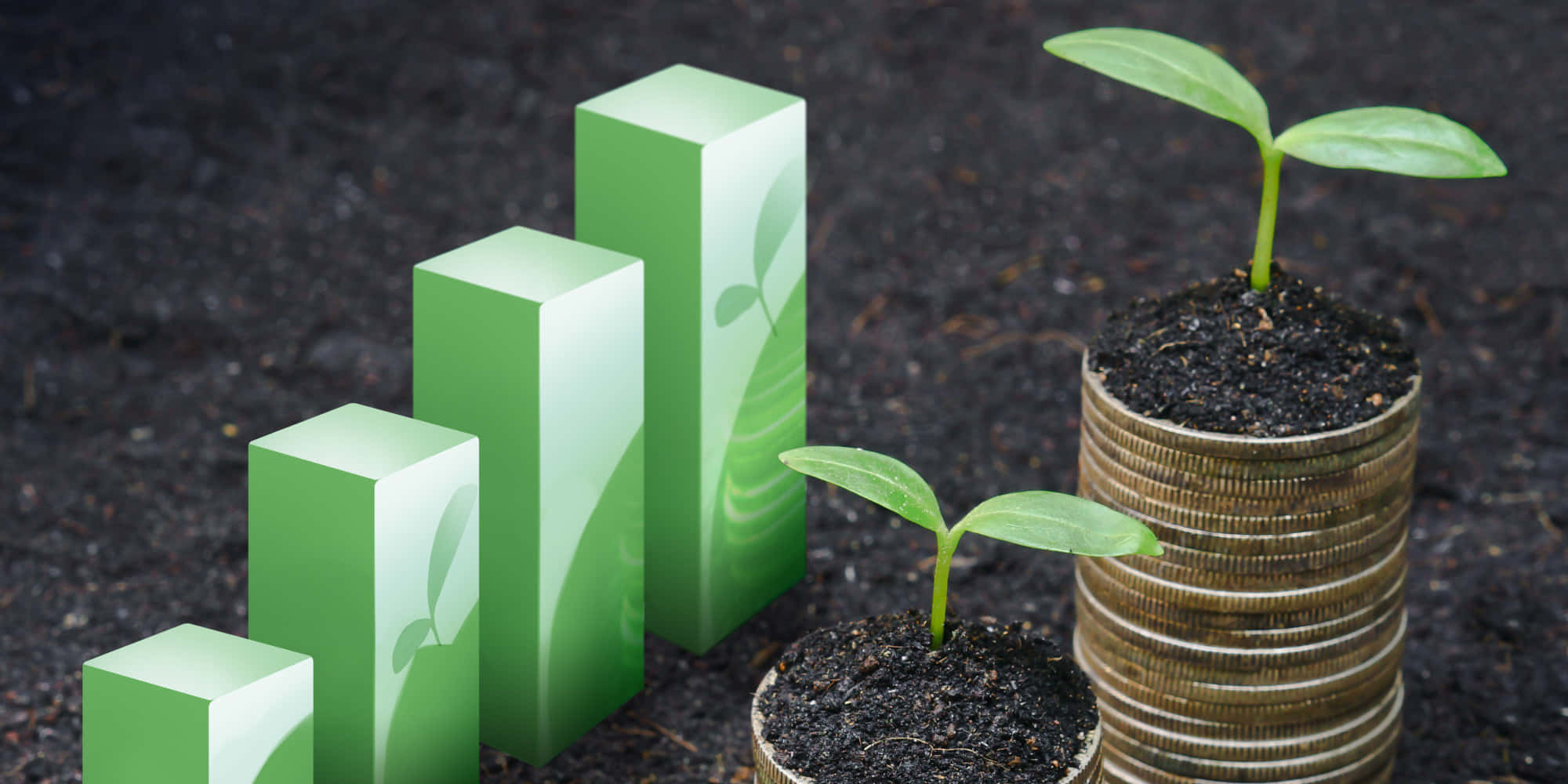 Green Economy, bar chart blocks, sprouting plants, Full HD Desktop Wallpaper