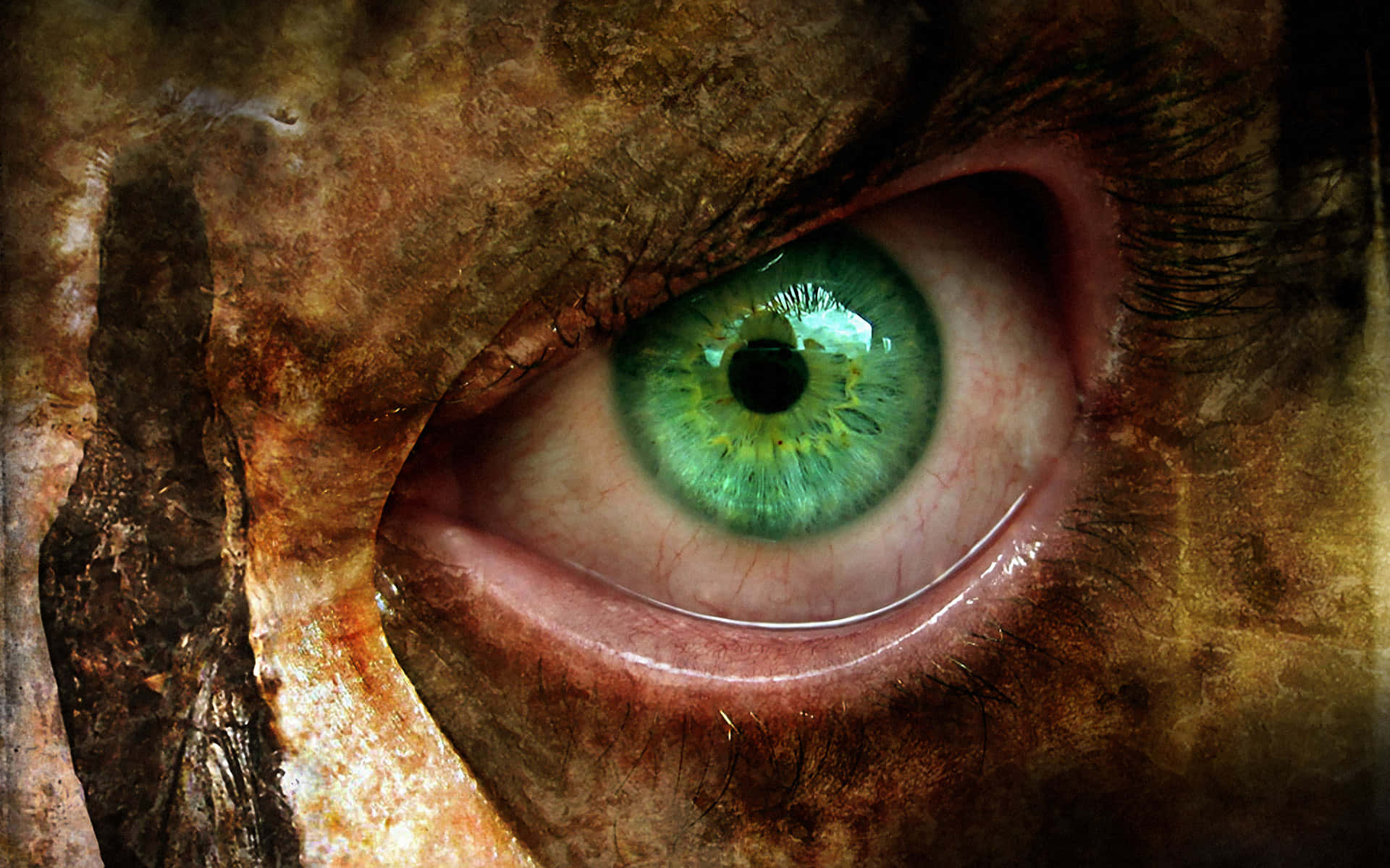 vivid green eye, textured rusty brown background, hyperrealistic close-up, Full HD Desktop Wallpaper