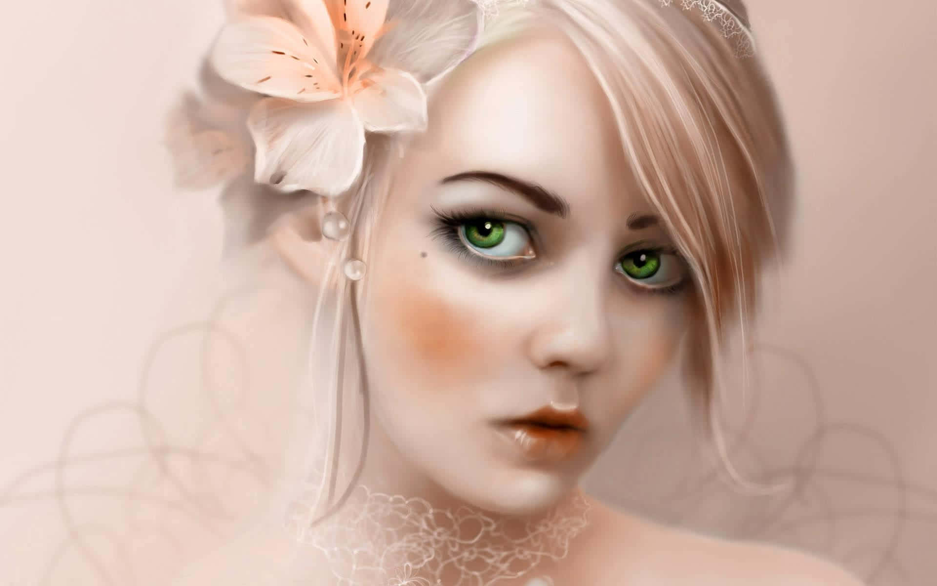 animated girl, green eyes, peach flower, Full HD Desktop Wallpaper