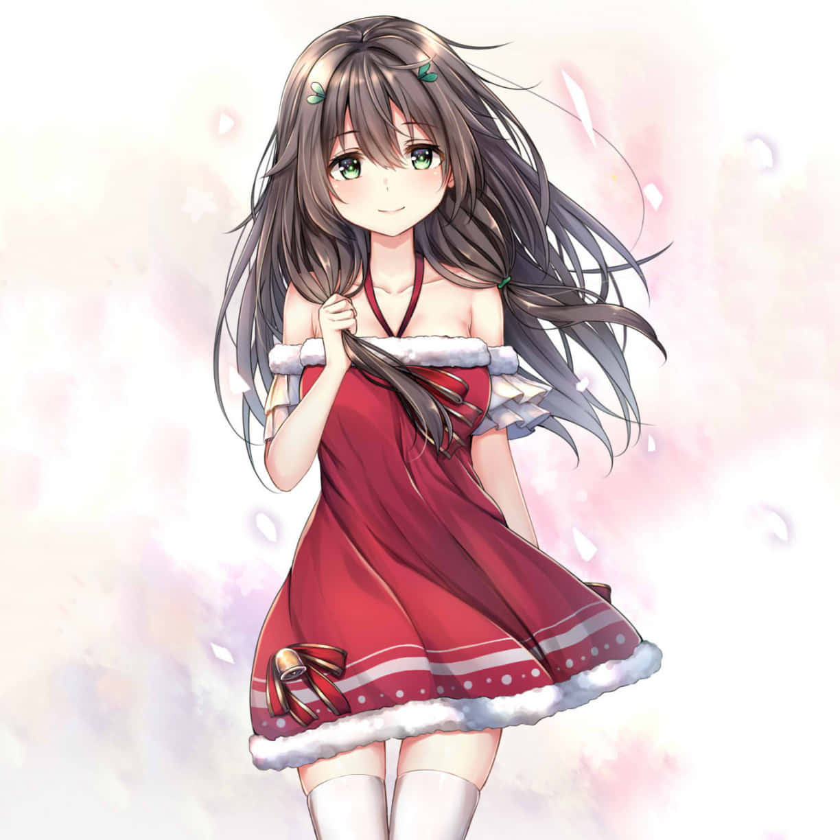 anime girl, green eyes, long brown hair, SD Desktop Wallpaper
