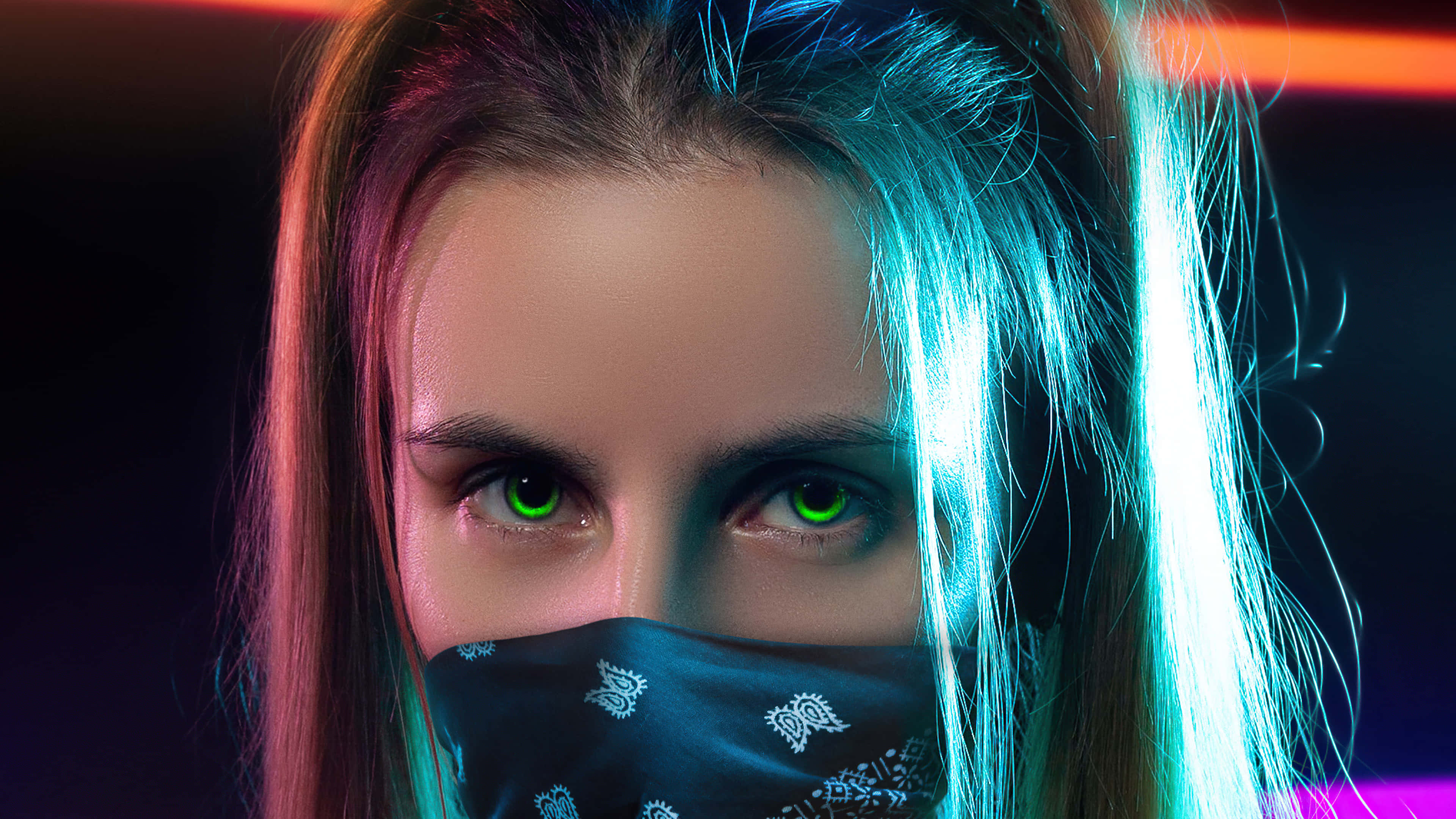 neon green eyes, bandana, neon pink and blue lights, 4K Desktop Wallpaper