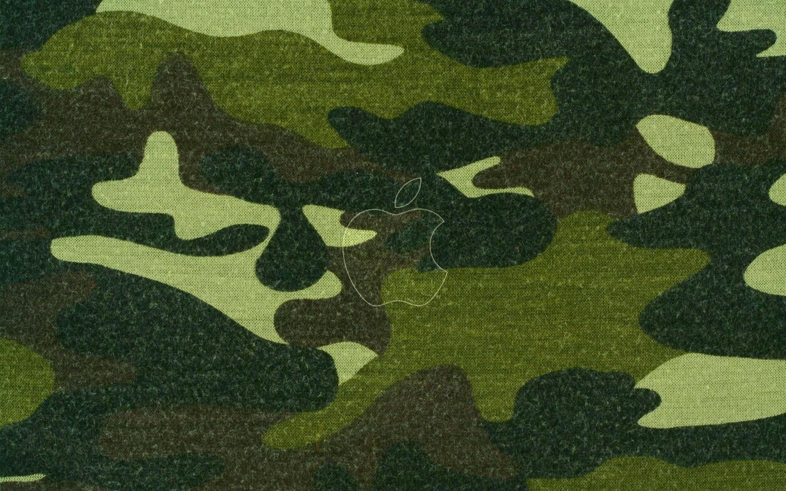 green camo, textured green camouflage fabric, faint apple logo watermark, 2K Desktop Wallpaper
