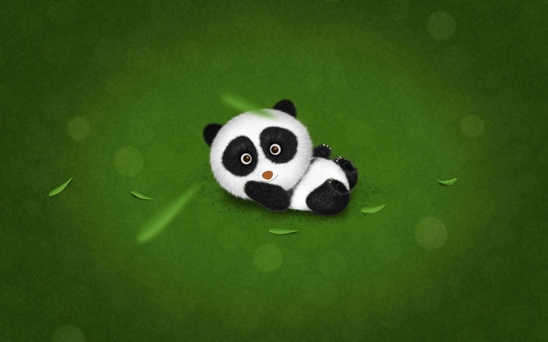 cute cartoon panda cub, soft green grassy field, scattered leaves, Full HD Desktop Wallpaper