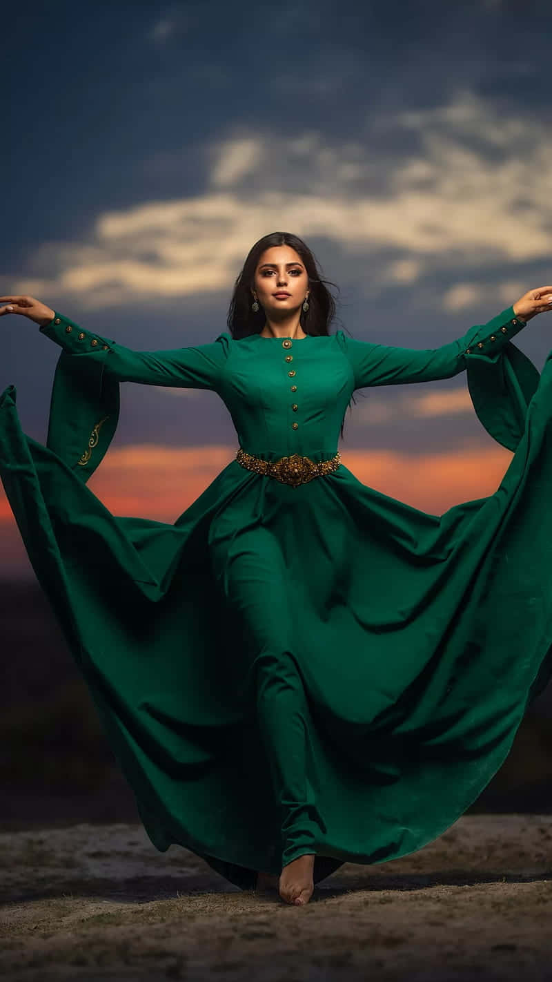 emerald gown, dramatic sunset sky, clouds streaked in orange and purple, HD Phone Wallpaper