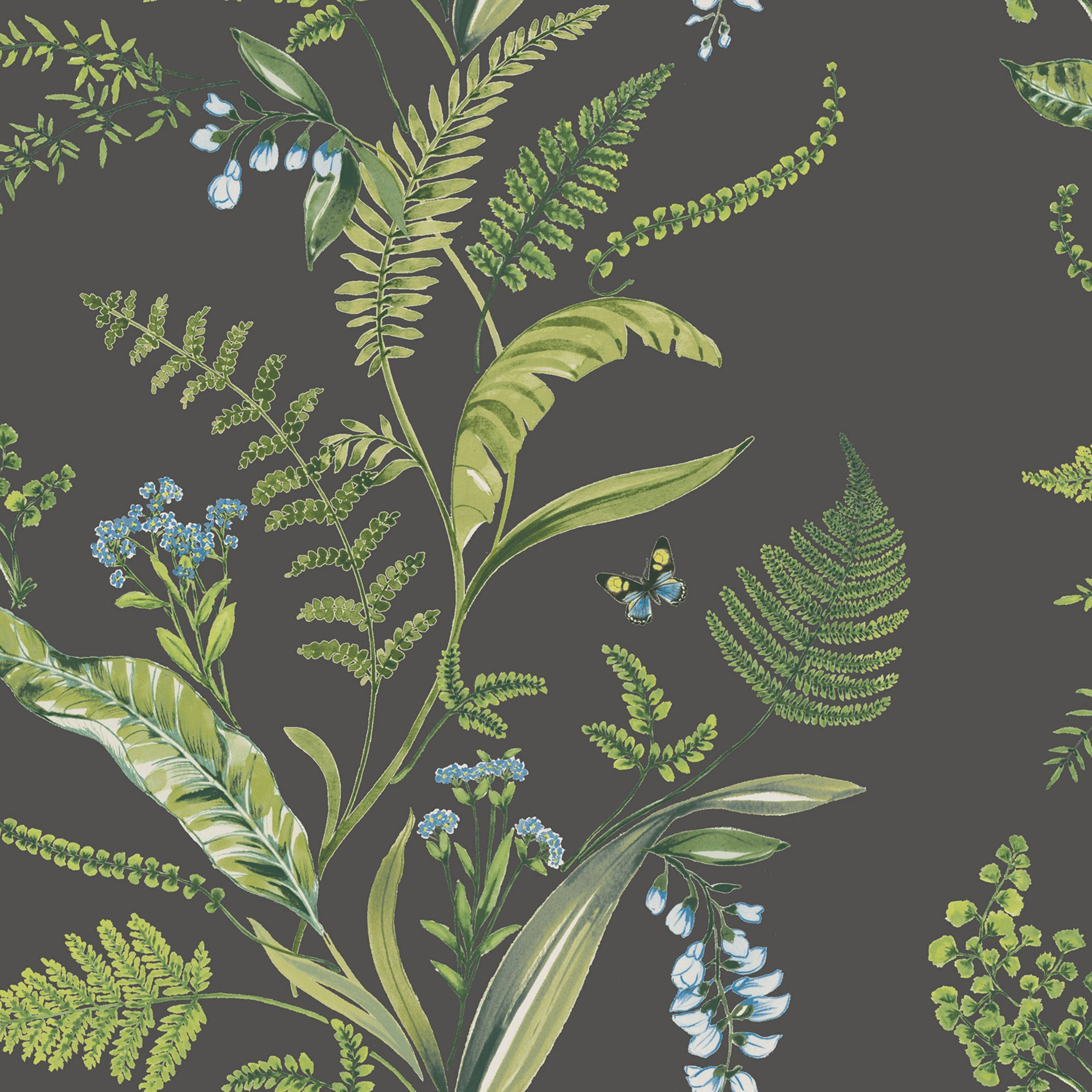 Green Floral Ferns, bluebells, butterfly, Full HD Desktop Wallpaper