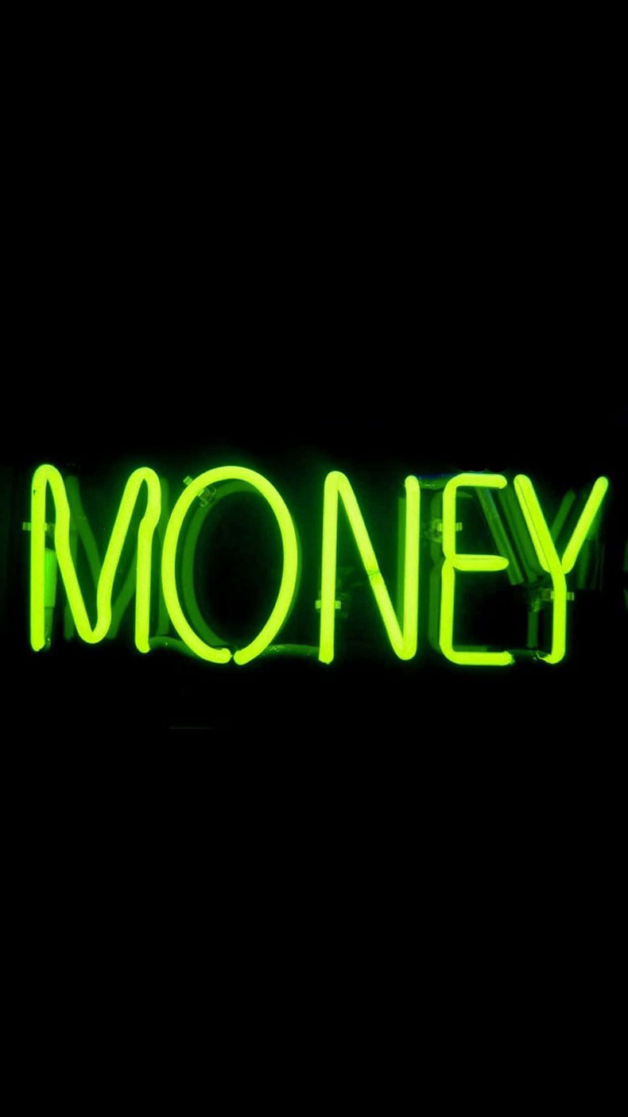 Money, green neon sign, pitch black background, Full HD Phone Wallpaper