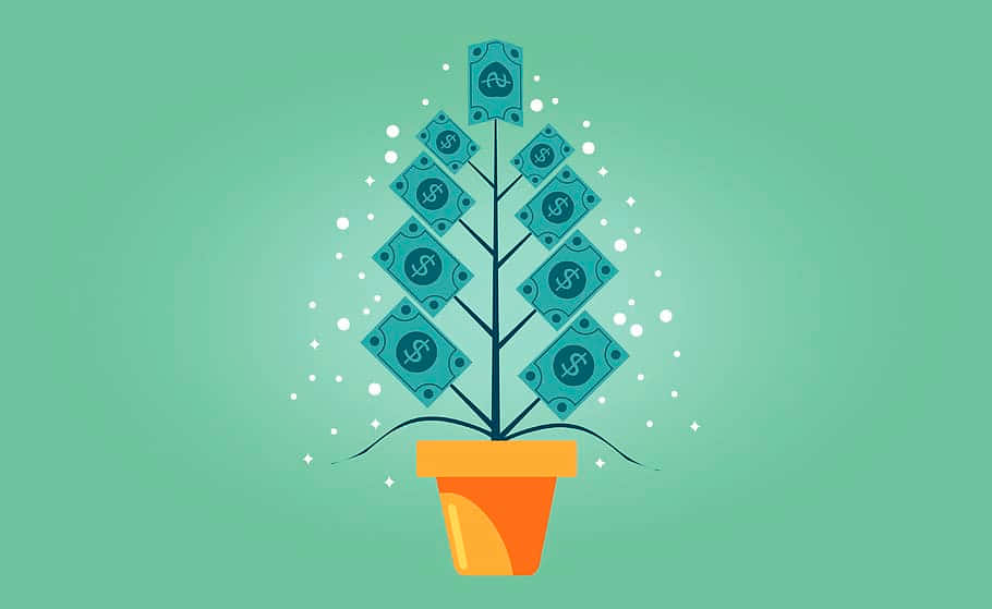 Mutual Money Growing, dollar bill leaves, orange pot, SD Desktop Wallpaper