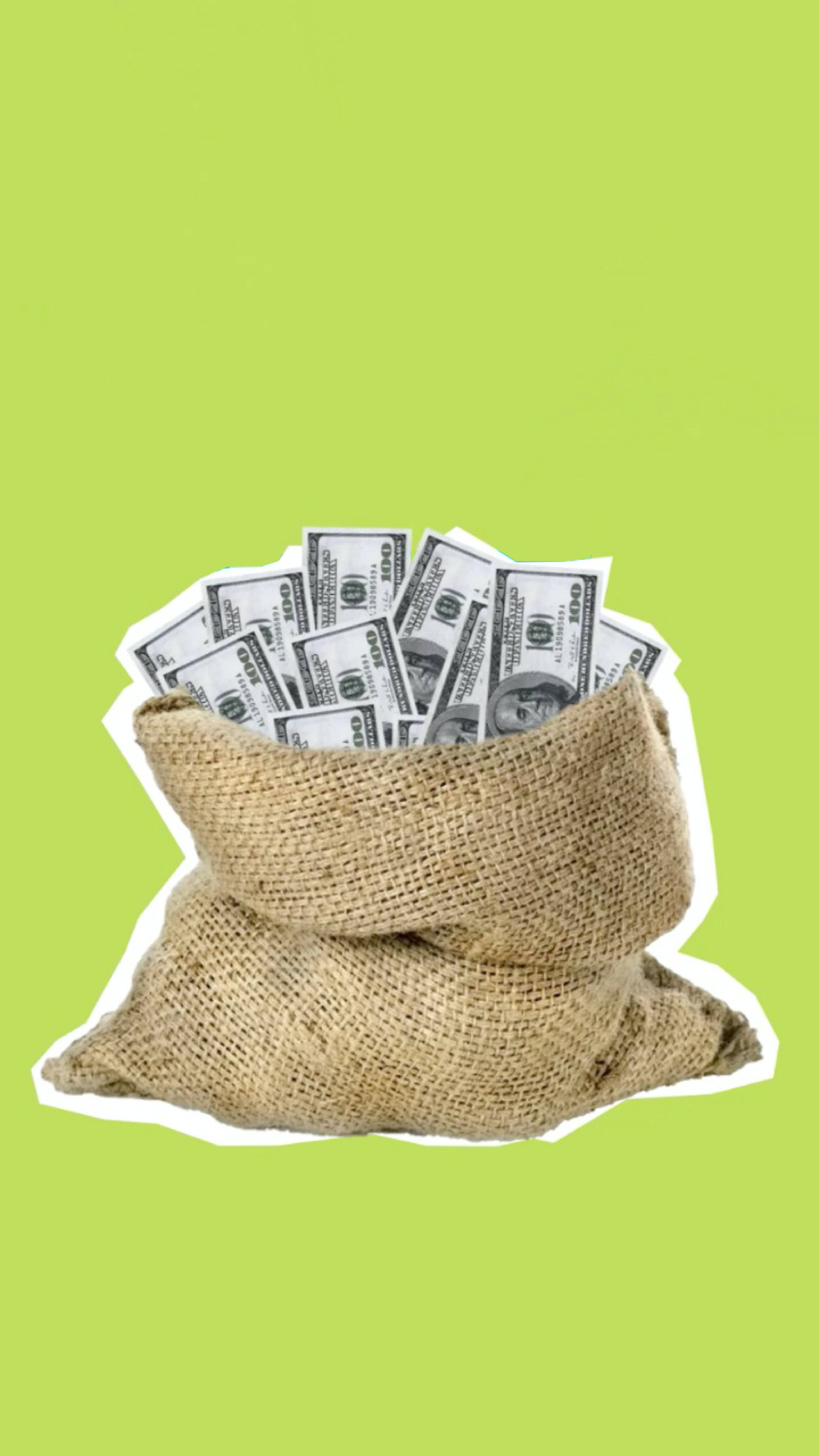 burlap sack, crisp one hundred dollar bills, bright lime green background, 8K Phone Wallpaper