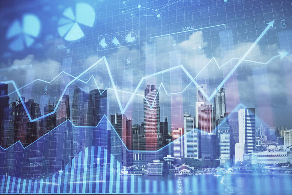 Green Finance, futuristic city skyline, glowing blue financial charts, SD Desktop Wallpaper