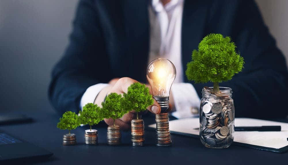Green Finance, lightbulb, coins, SD Desktop Wallpaper