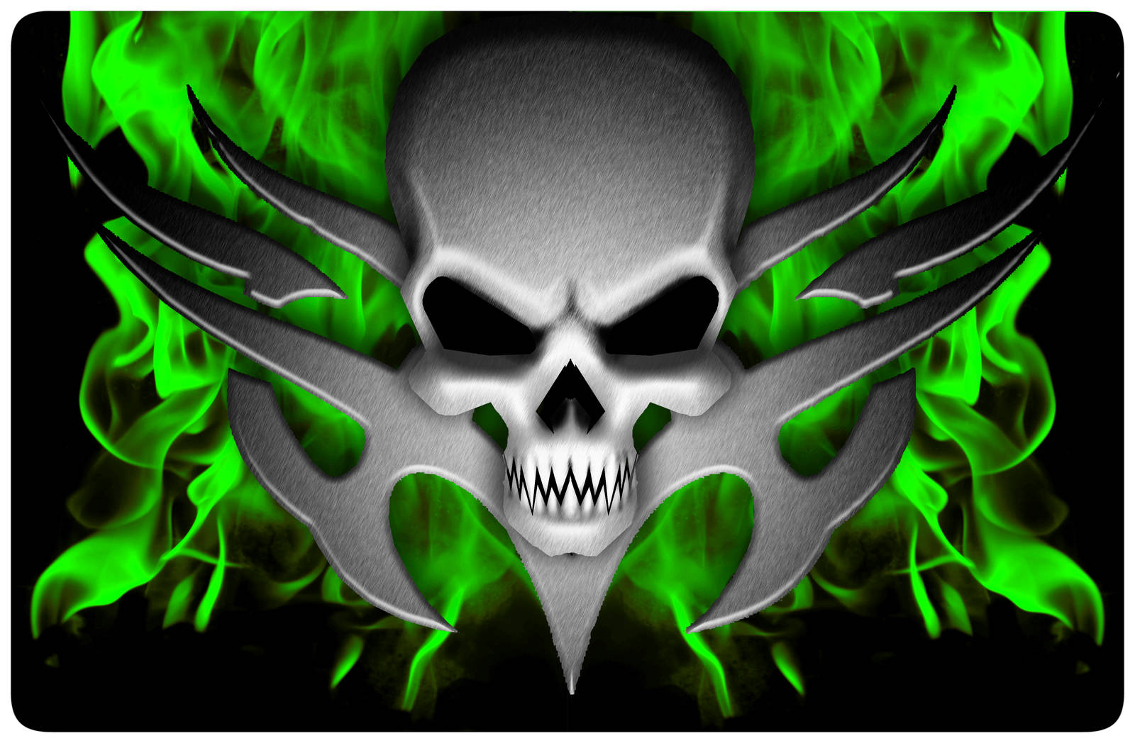 Green Fire Skull, metallic skull, winged blades, HD Desktop Wallpaper