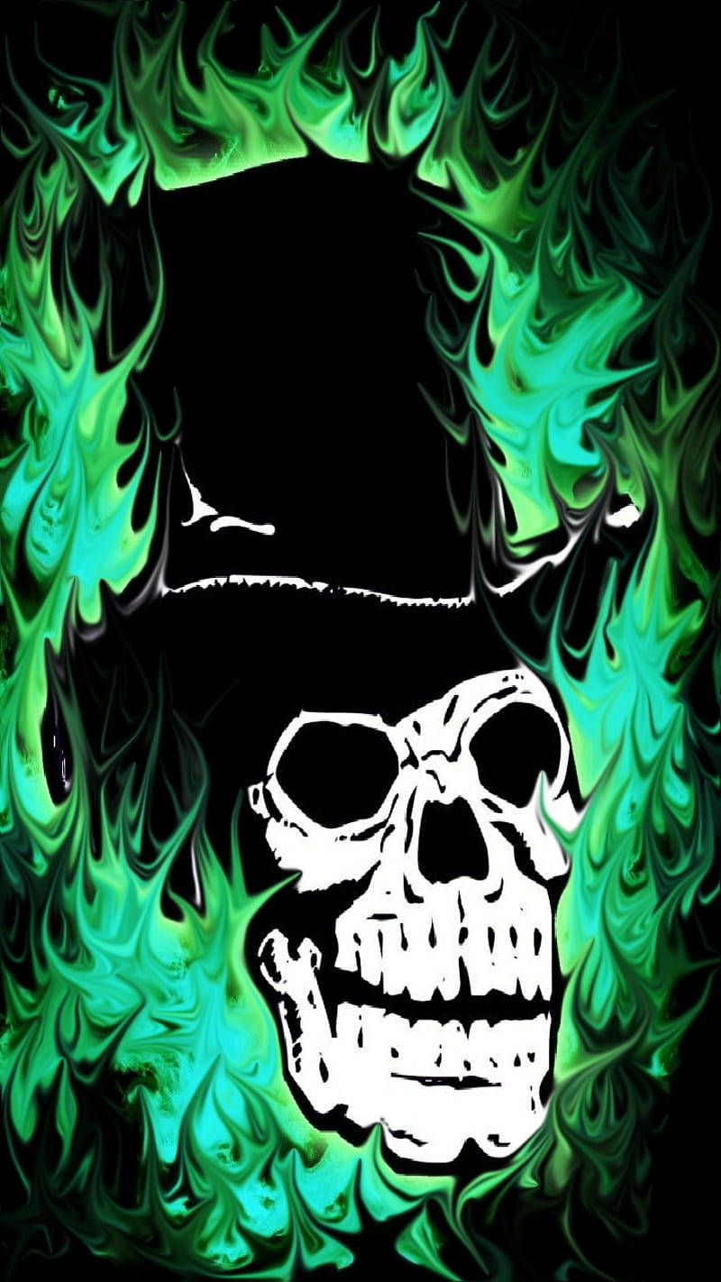 Green Fire Skull, neon green flames, stark white skull, HD Phone Wallpaper