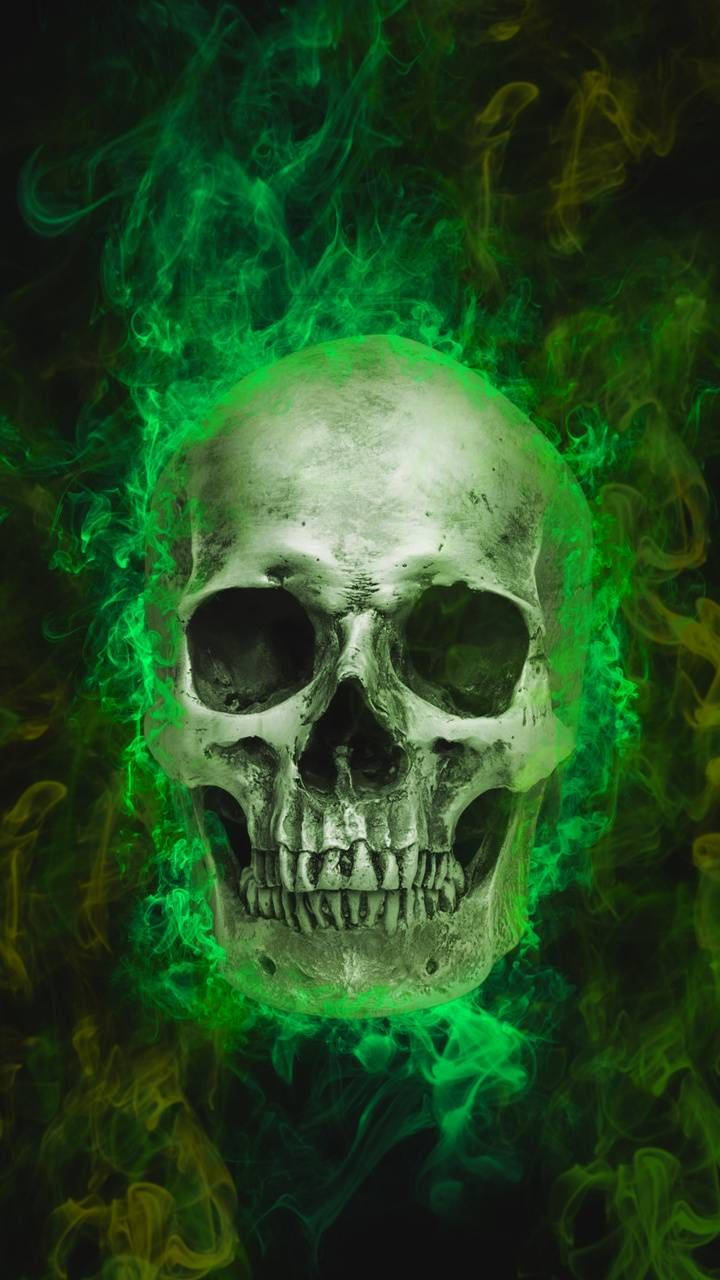 Green Fire Skull, eerie green flames, dark background, HD Phone Wallpaper