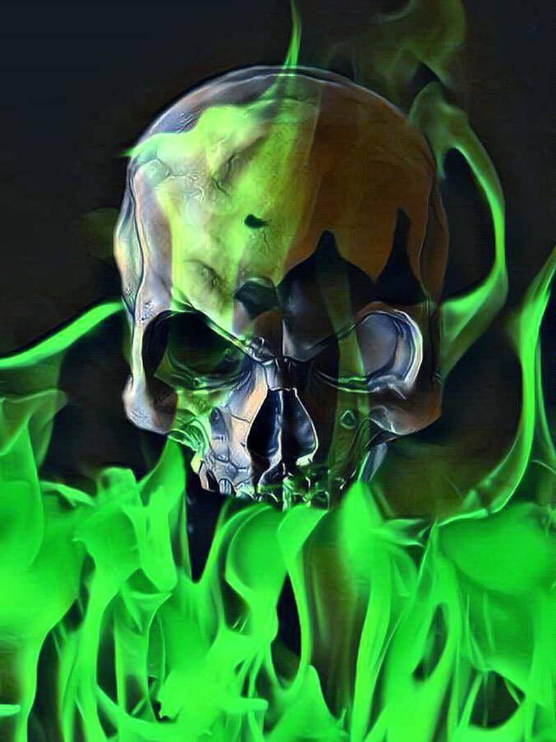 Green Fire Skull, glowing green skull, vibrant neon flames, SD Phone Wallpaper