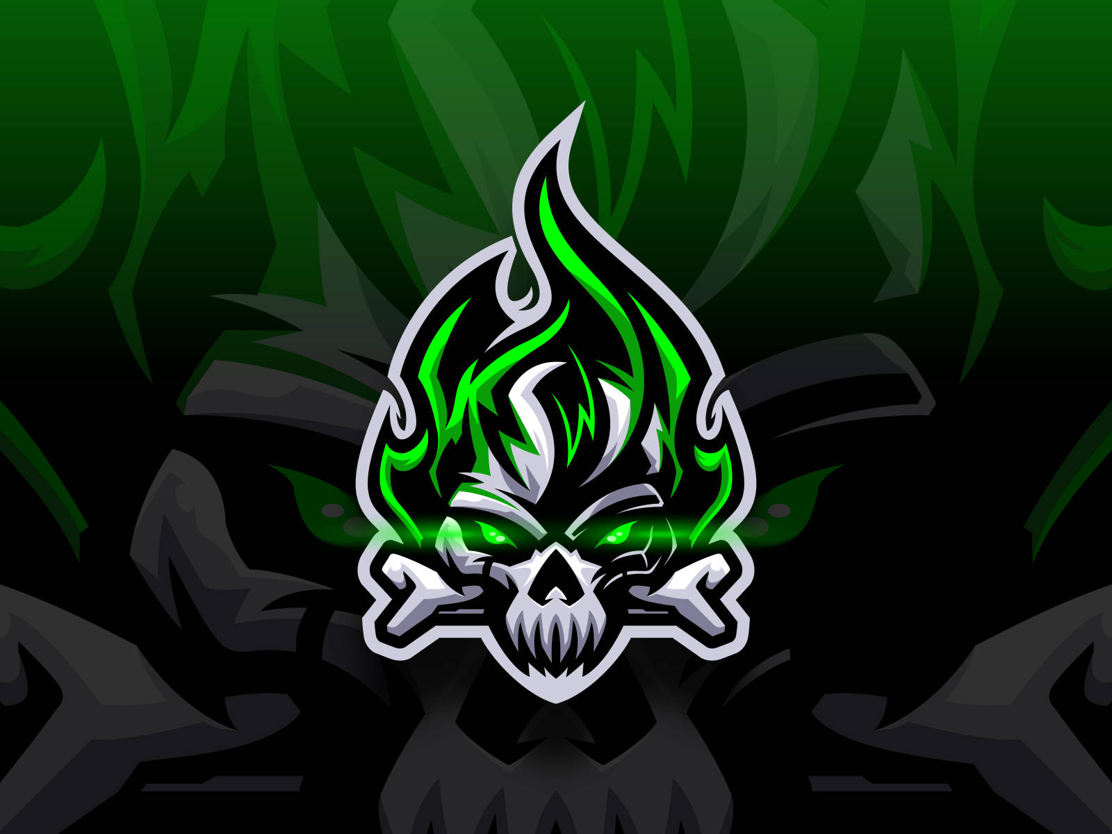 Green Fire Skull, green skull logo, glowing eyes, HD Desktop Wallpaper
