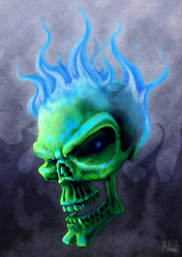 Green Fire Skull, electric blue flames, smoky gray backdrop, SD Phone Wallpaper