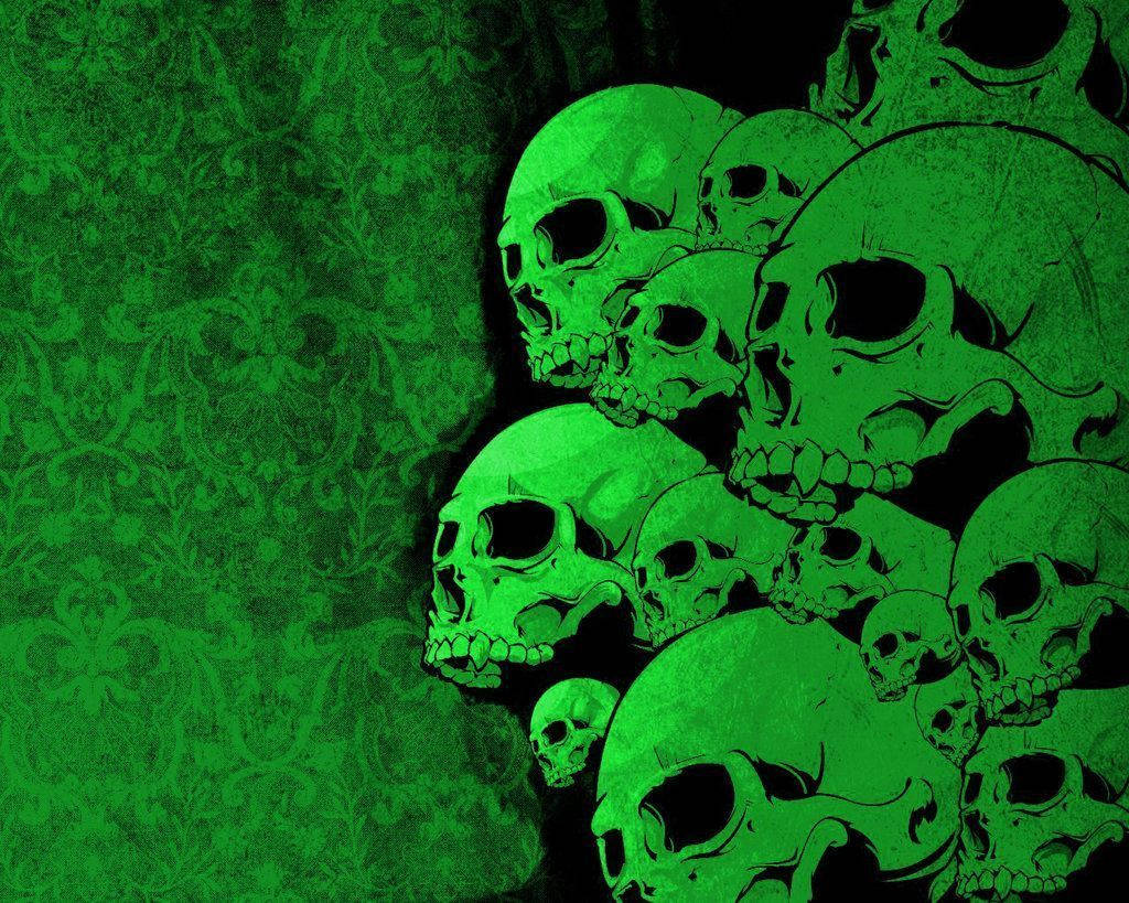 Green Fire Skull, glowing green skulls, dark green damask patterned background, SD Desktop Wallpaper