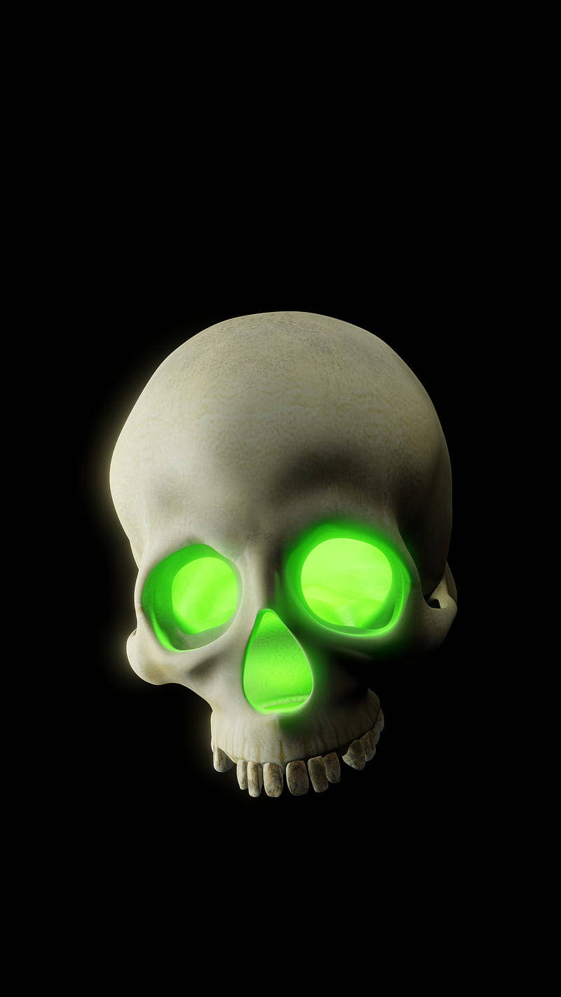 Green Fire Skull, glowing green eyes, stark white skull, HD Phone Wallpaper