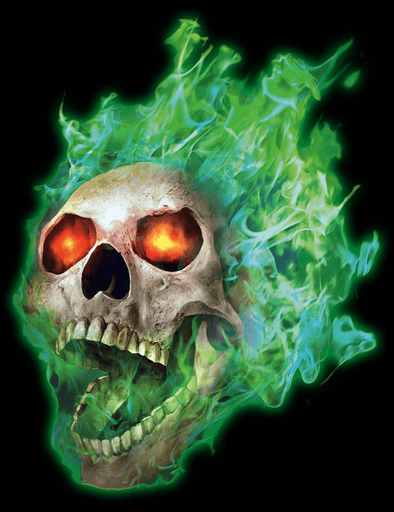 Green Fire Skull, flaming eyes, vibrant green and blue flames, SD Phone Wallpaper