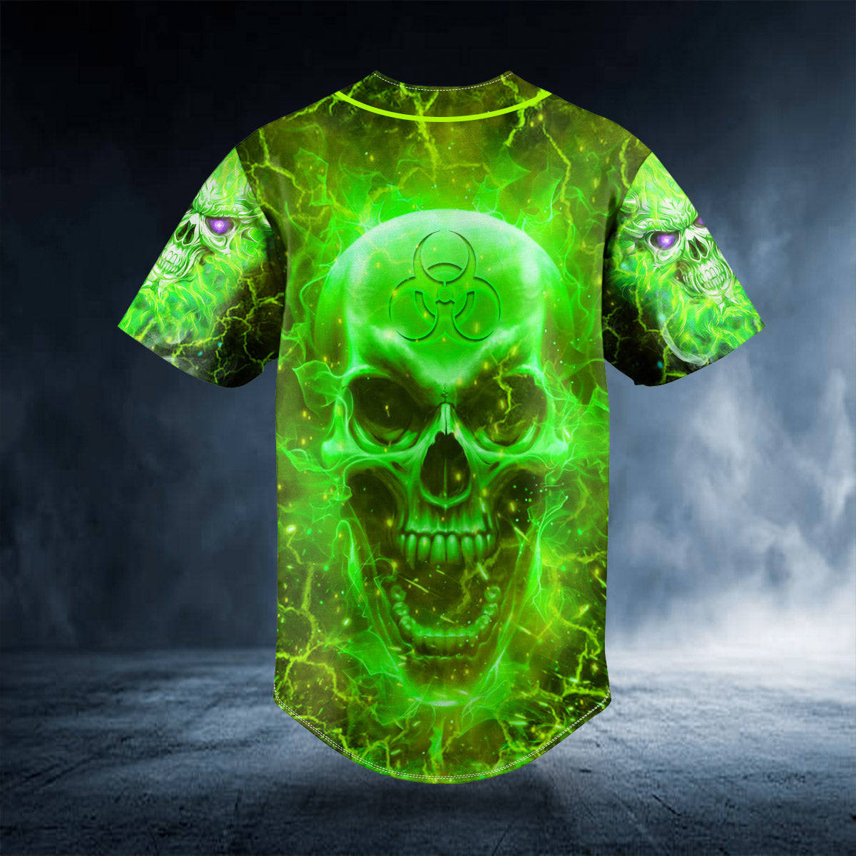 Green Fire Skull, glowing green skull, biohazard symbols, SD Desktop Wallpaper