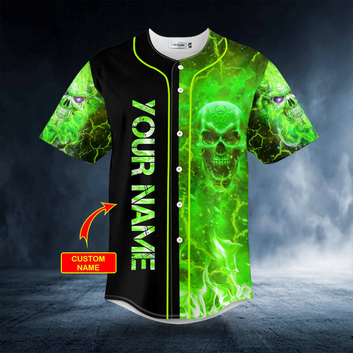 Green Fire Skull, neon green skull flames, black baseball jersey, SD Desktop Wallpaper
