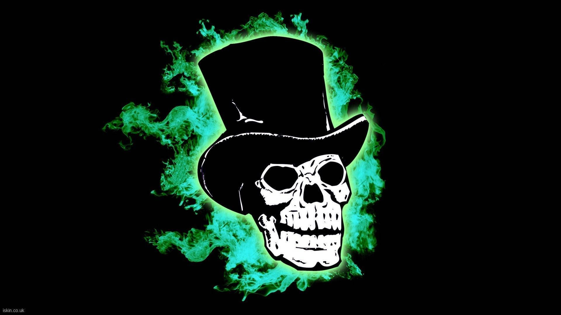 Green Fire Skull, top hat, vibrant green flames, Full HD Desktop Wallpaper