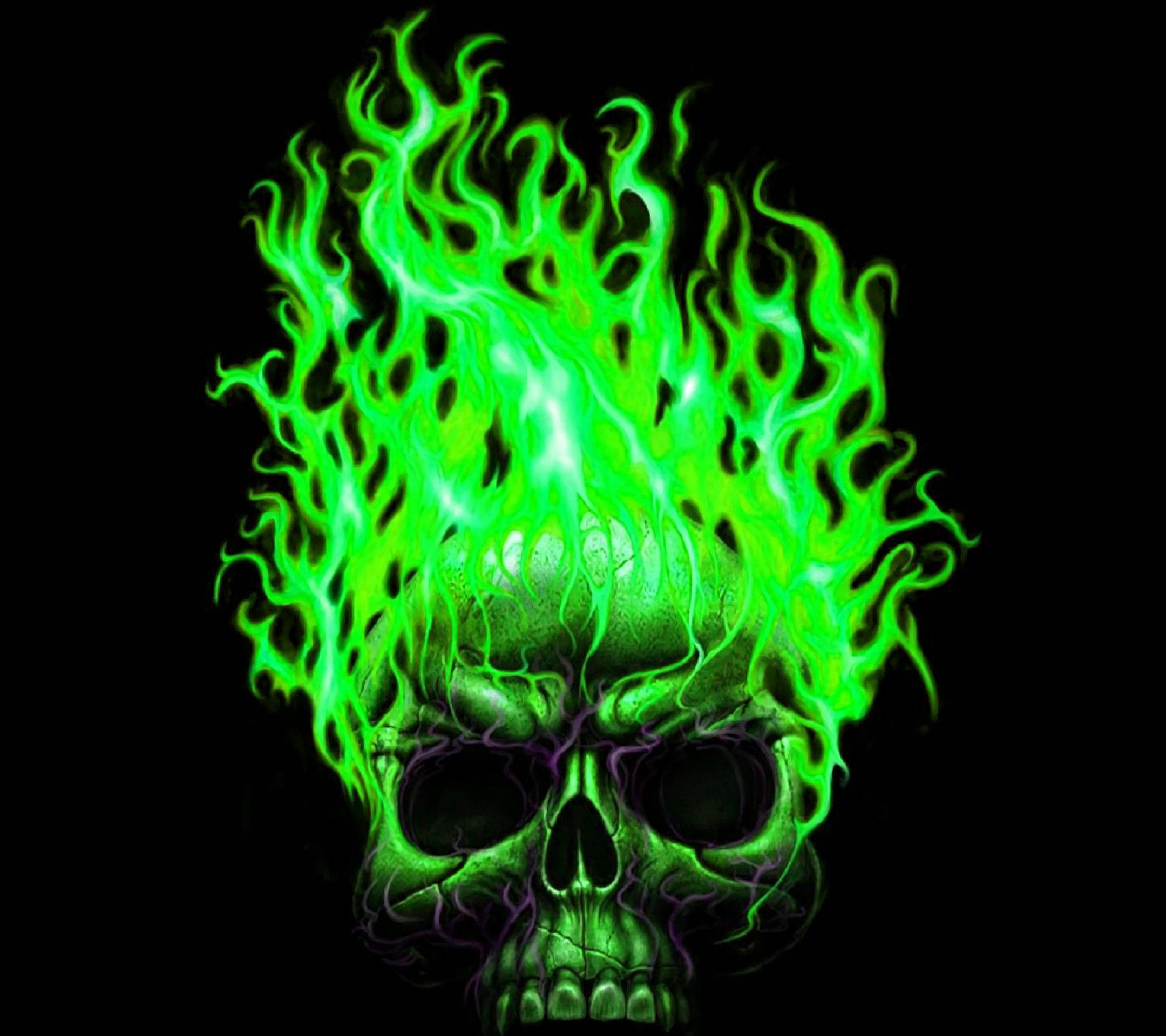 Green Fire Skull, glowing green skull, electric flames, Full HD Desktop Wallpaper