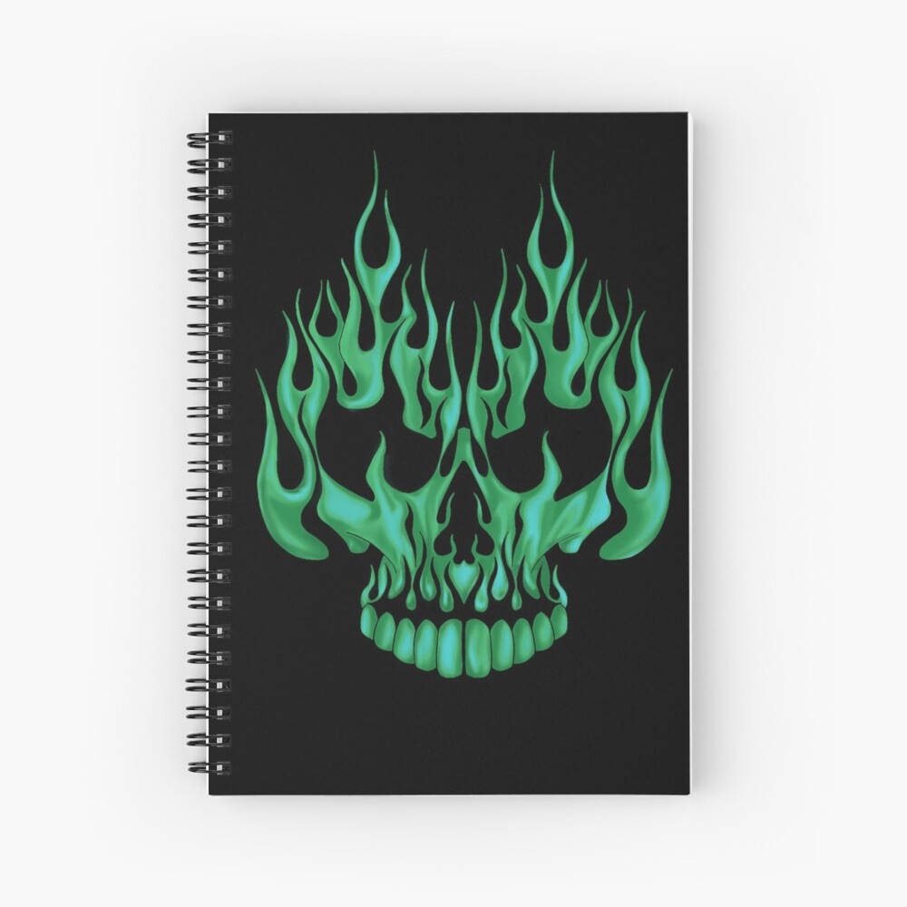 Green Fire Skull, glowing green flame skull, spiral-bound notebook, SD Desktop Wallpaper