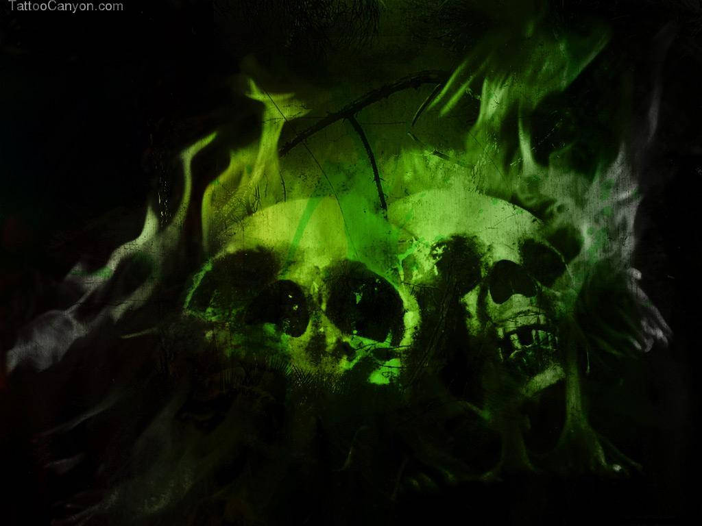 Green Fire Skull, glowing green skull, eerie green flames, SD Desktop Wallpaper