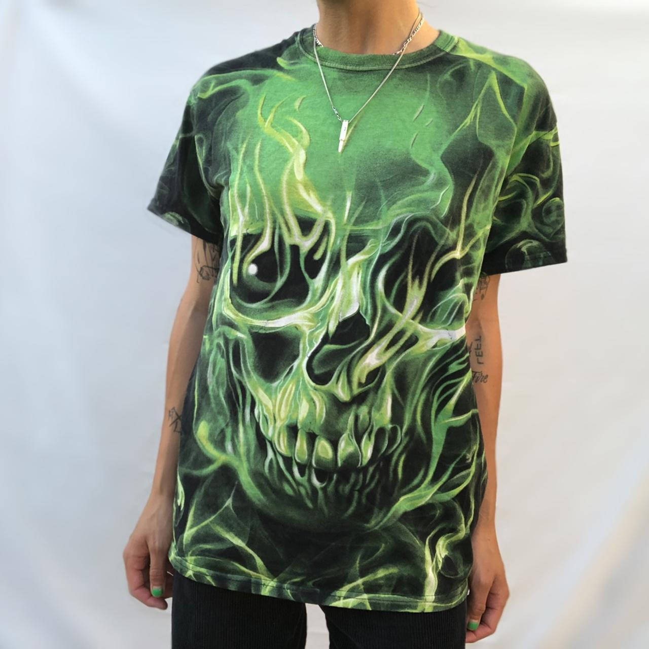 Green Fire Skull, vivid green flaming skull, t-shirt, HD Desktop Wallpaper