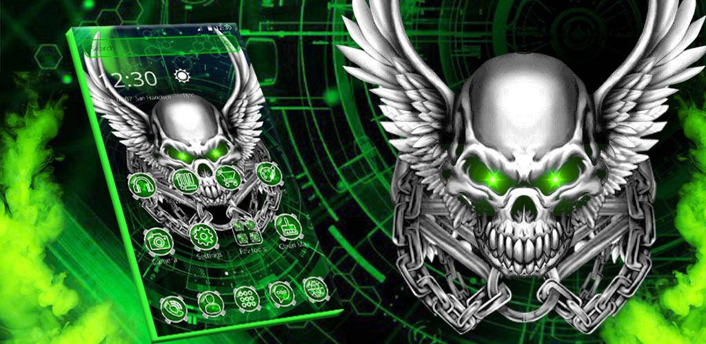 Green Fire Skull, glowing green skull, wings, SD Desktop Wallpaper