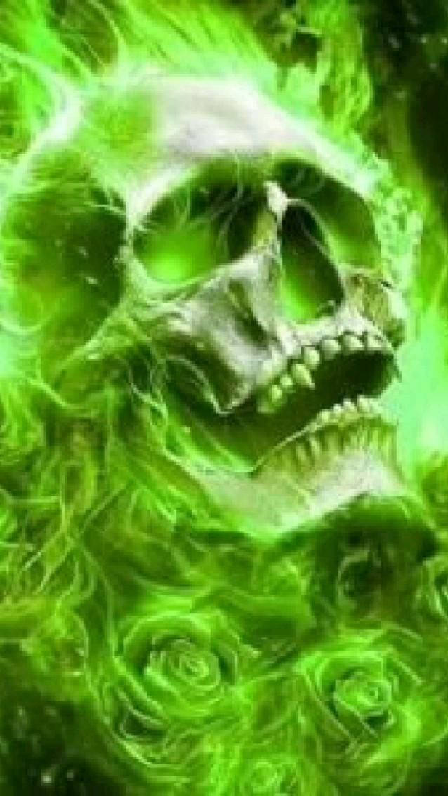 Green Fire Skull, glowing green skull, swirling flames, SD Phone Wallpaper