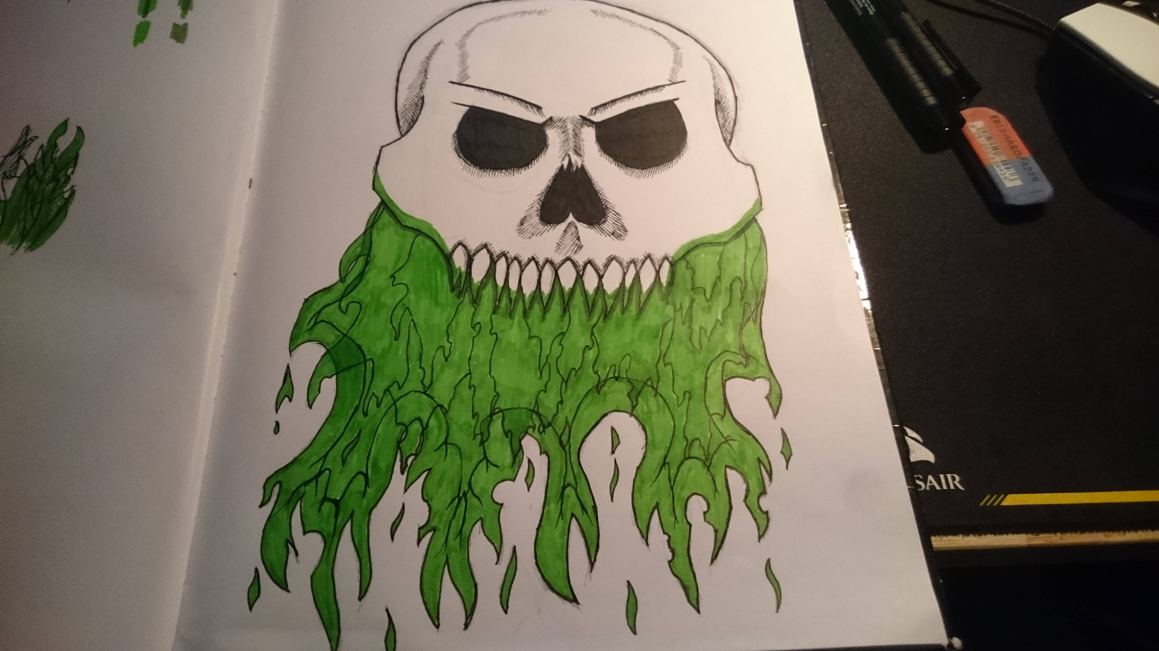 Green Fire Skull, green beard, black ink, 4K Desktop Wallpaper