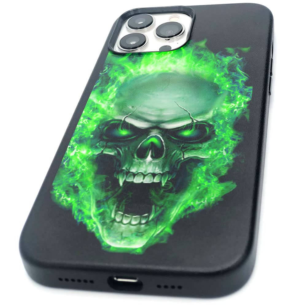 Green Fire Skull, black phone case, vivid green flaming skull, SD Desktop Wallpaper