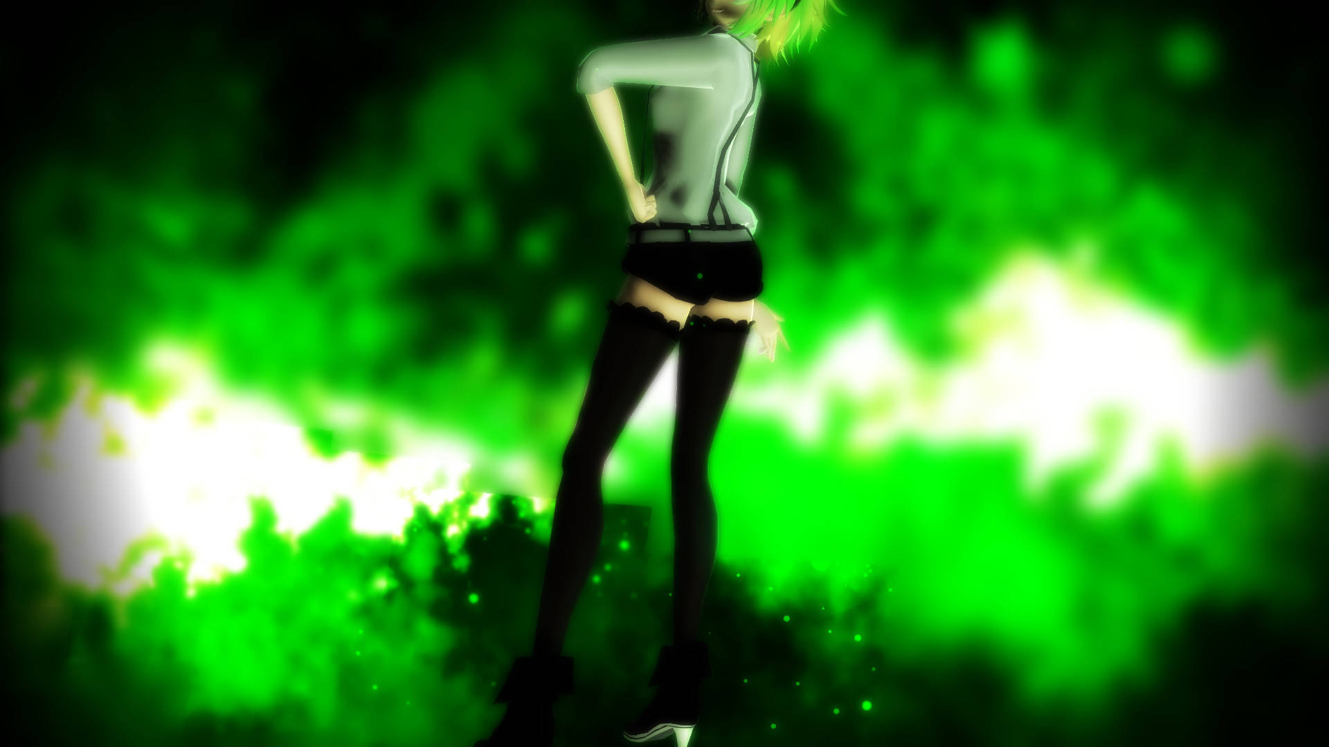 Green-Haired Girl, green hair, glowing green and white abstract background, Full HD Desktop Wallpaper