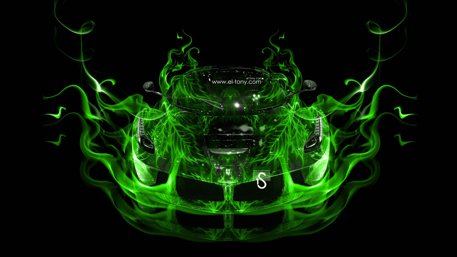 scorching hot green fire car, vibrant green neon flames, sleek black sports car, Full HD Desktop Wallpaper